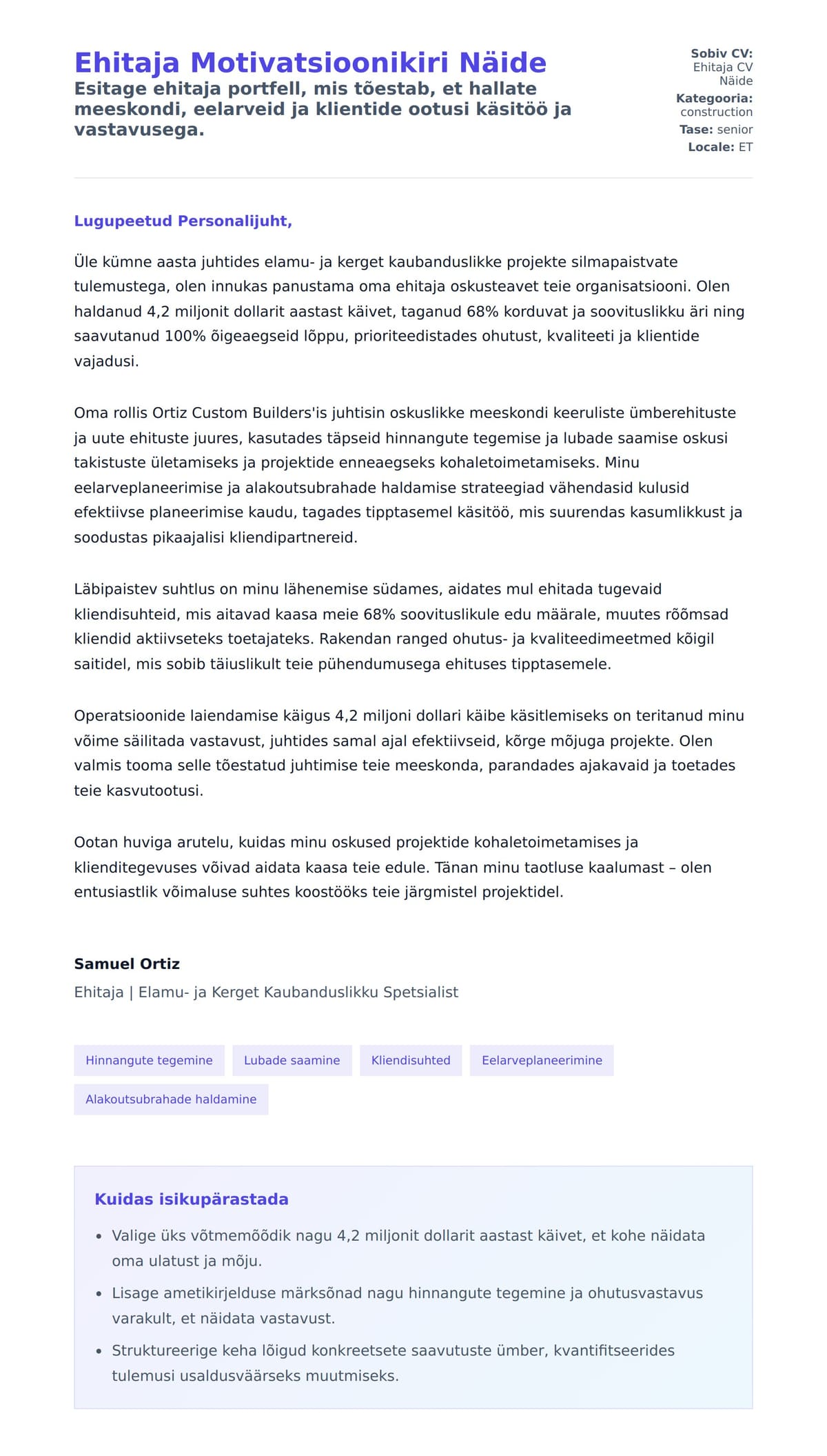 Kaaskirja eelvaade Ehitaja Motivatsioonikiri Näide jaoks