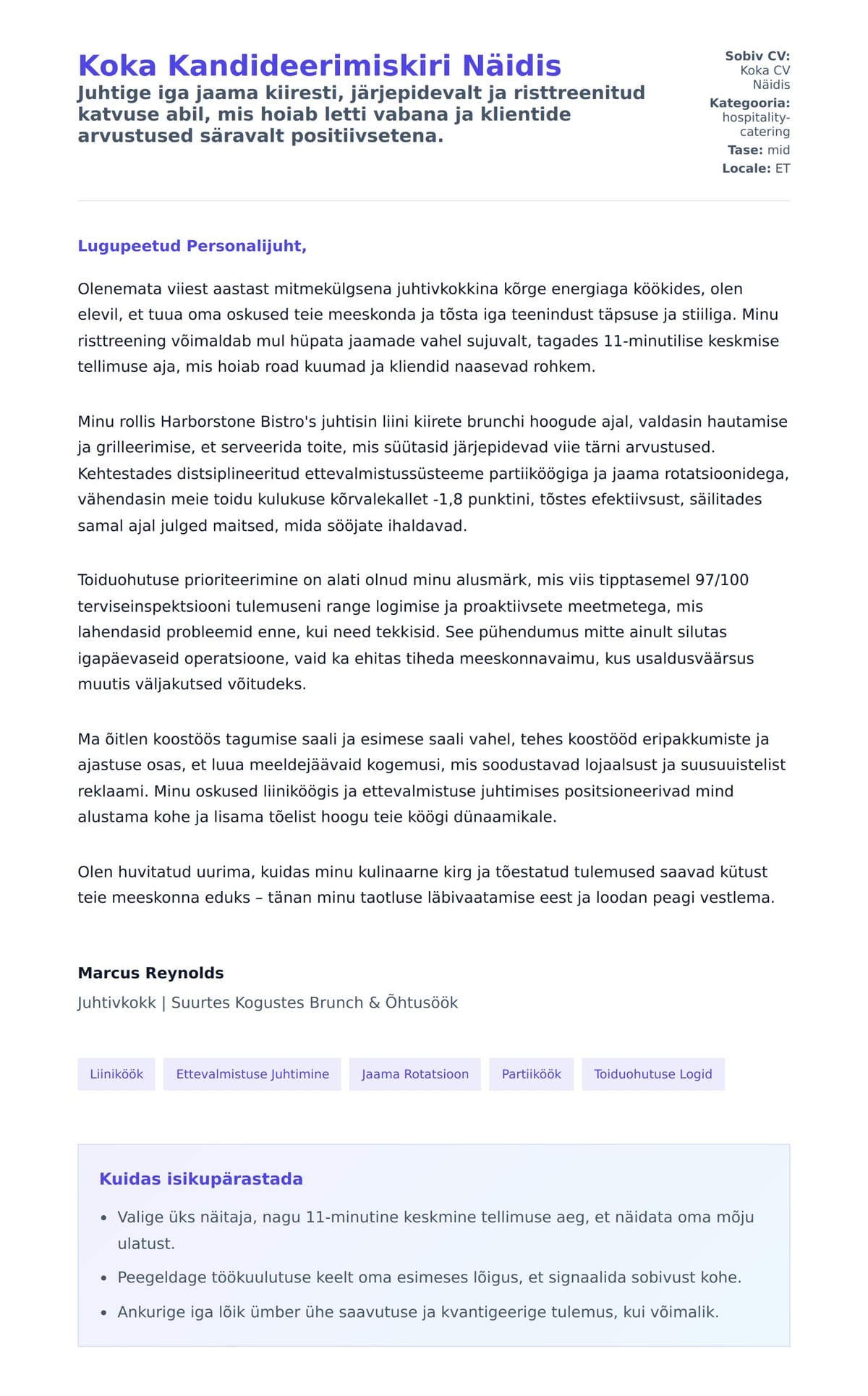 Kaaskirja eelvaade Koka Kandideerimiskiri Näidis jaoks