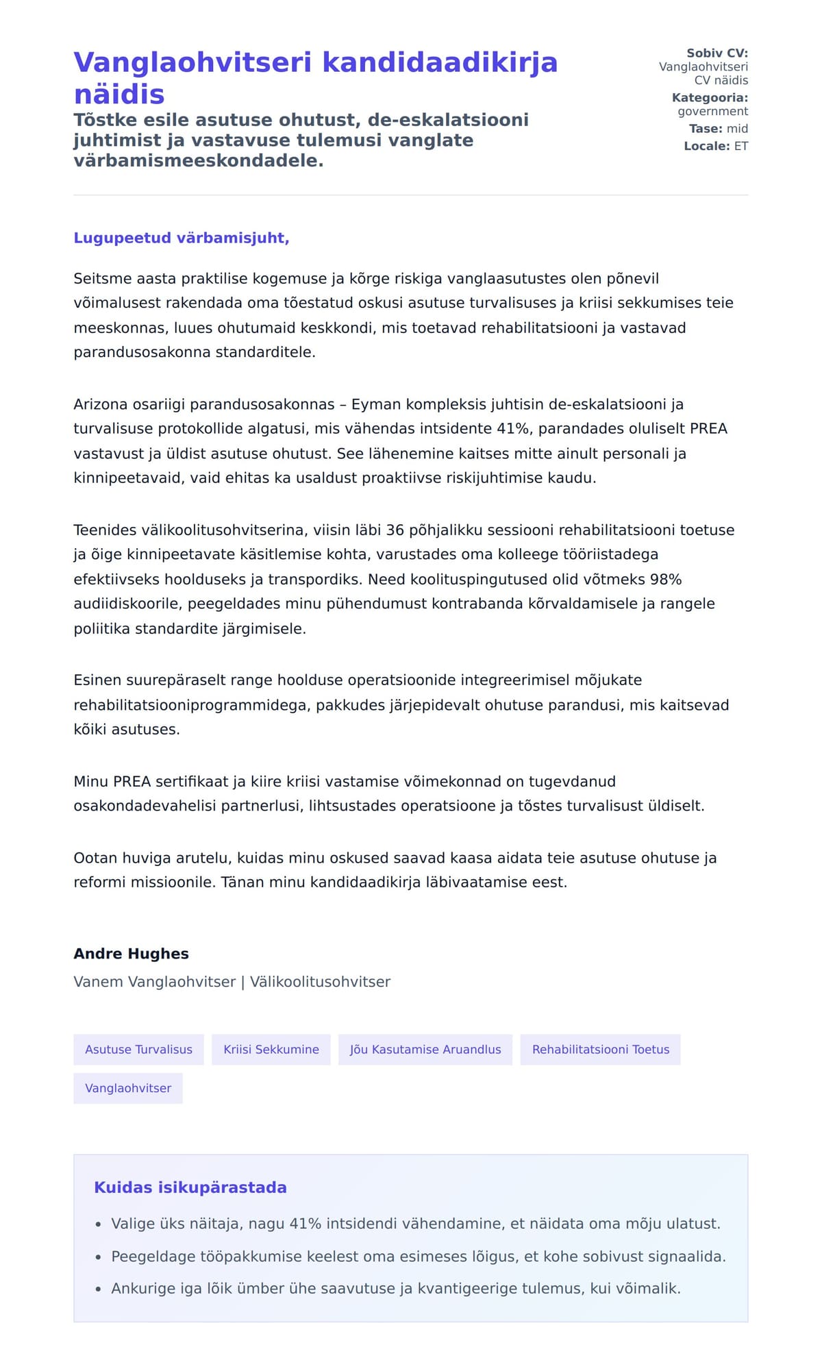 Kaaskirja eelvaade Vanglaohvitseri kandidaadikirja näidis jaoks