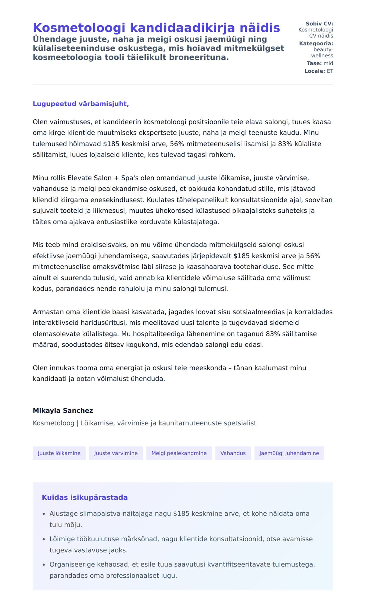 Kaaskirja eelvaade Kosmetoloogi kandidaadikirja näidis jaoks