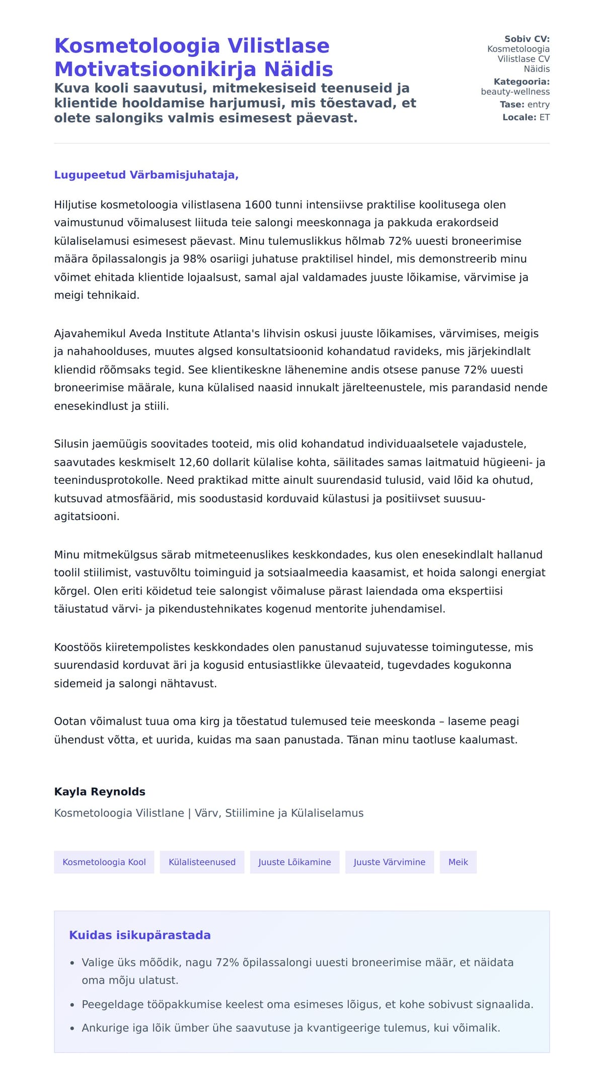 Kaaskirja eelvaade Kosmetoloogia Vilistlase Motivatsioonikirja Näidis jaoks