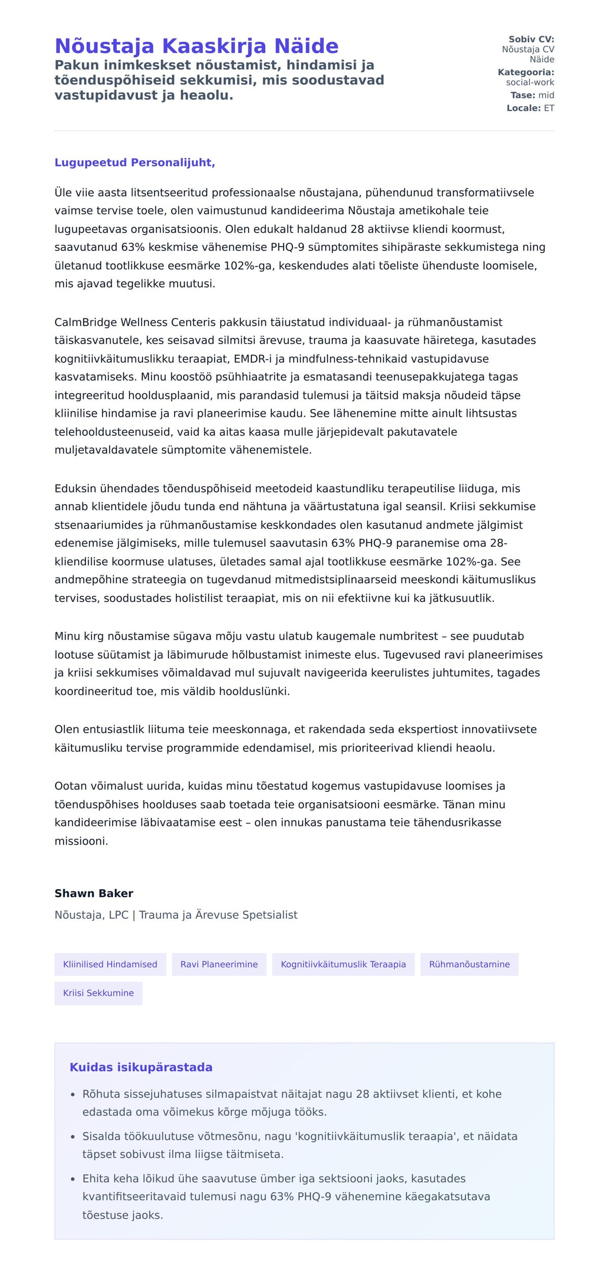 Kaaskirja eelvaade Nõustaja Kaaskirja Näide jaoks