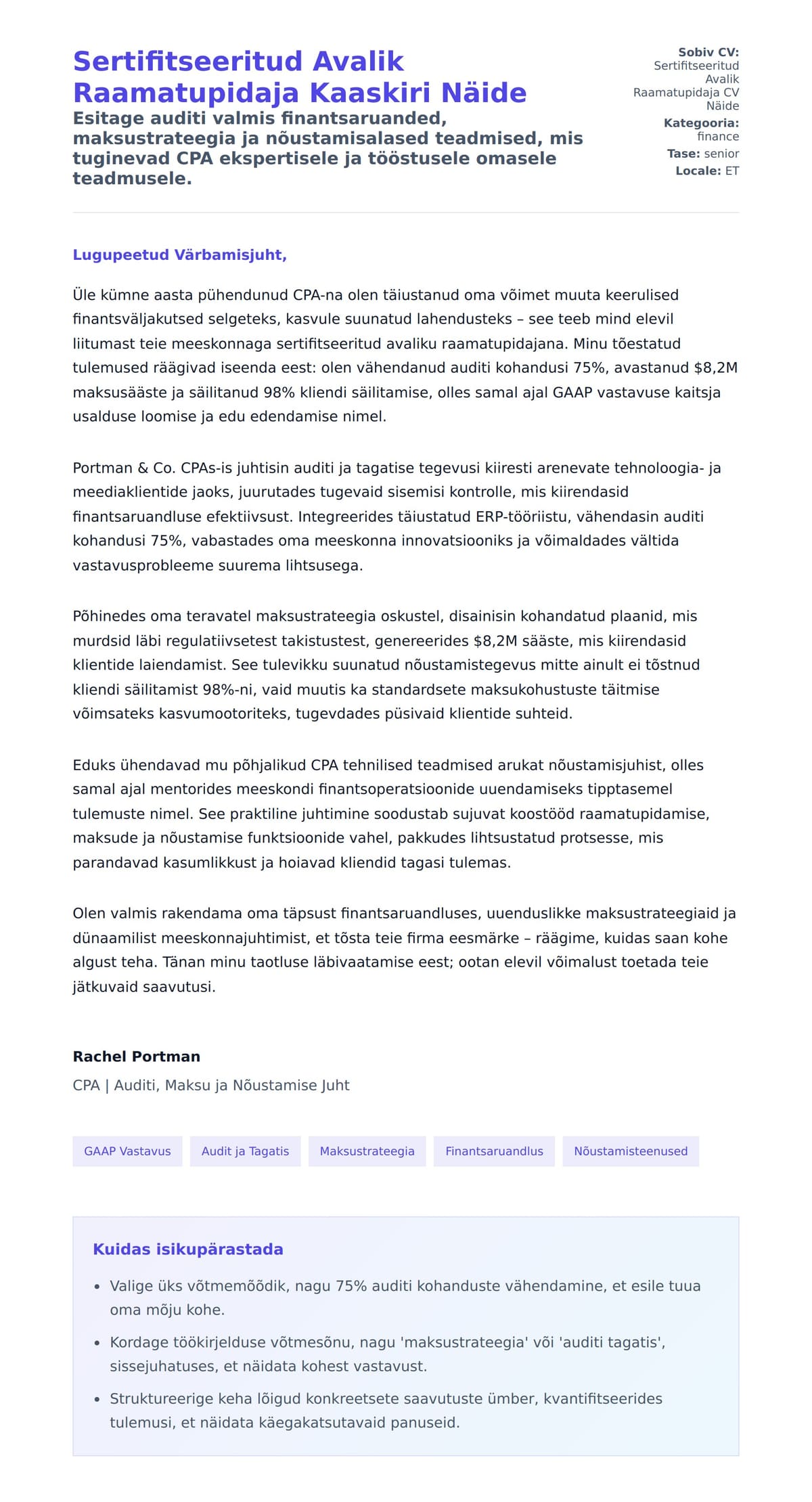 Kaaskirja eelvaade Sertifitseeritud Avalik Raamatupidaja Kaaskiri Näide jaoks