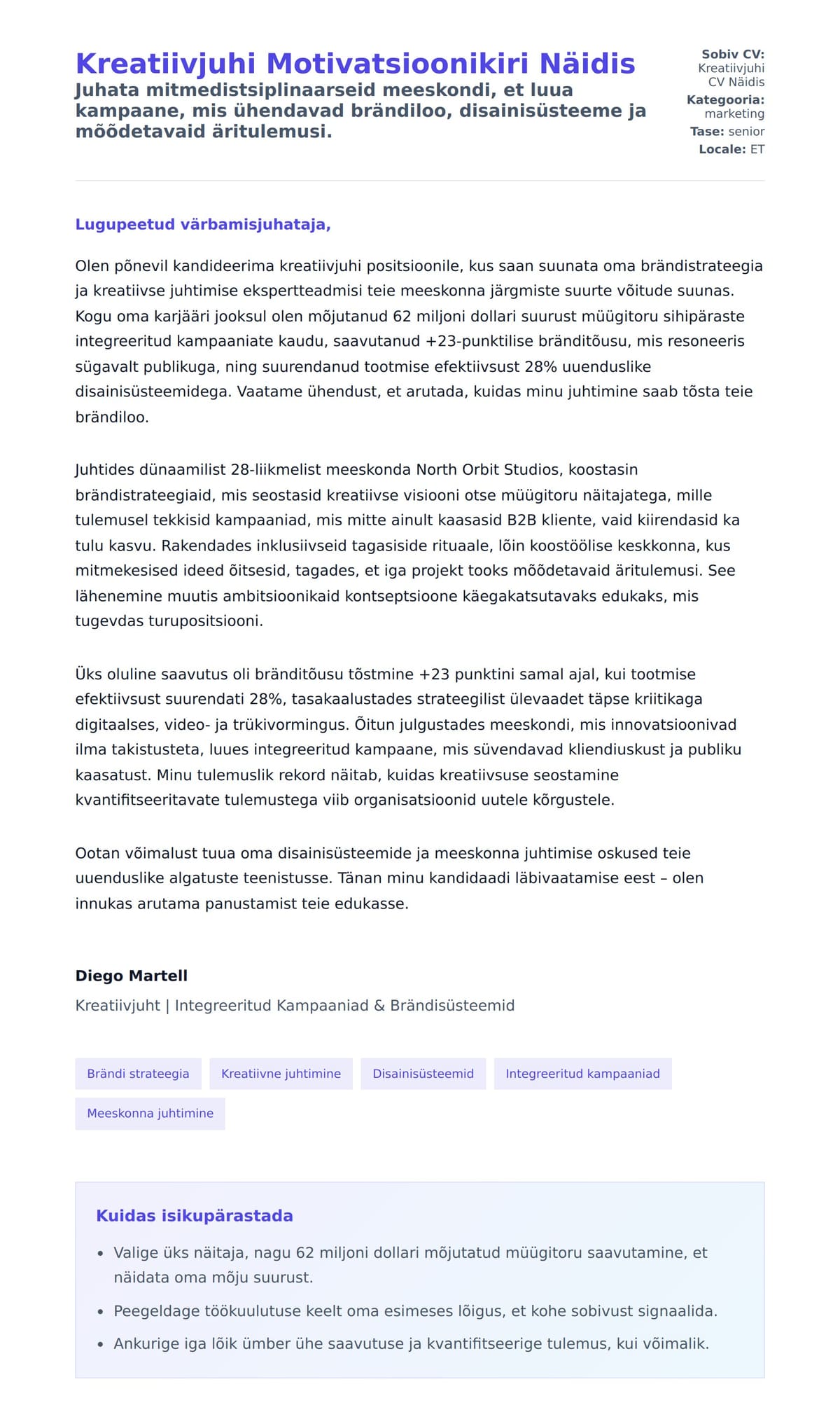 Kaaskirja eelvaade Kreatiivjuhi Motivatsioonikiri Näidis jaoks