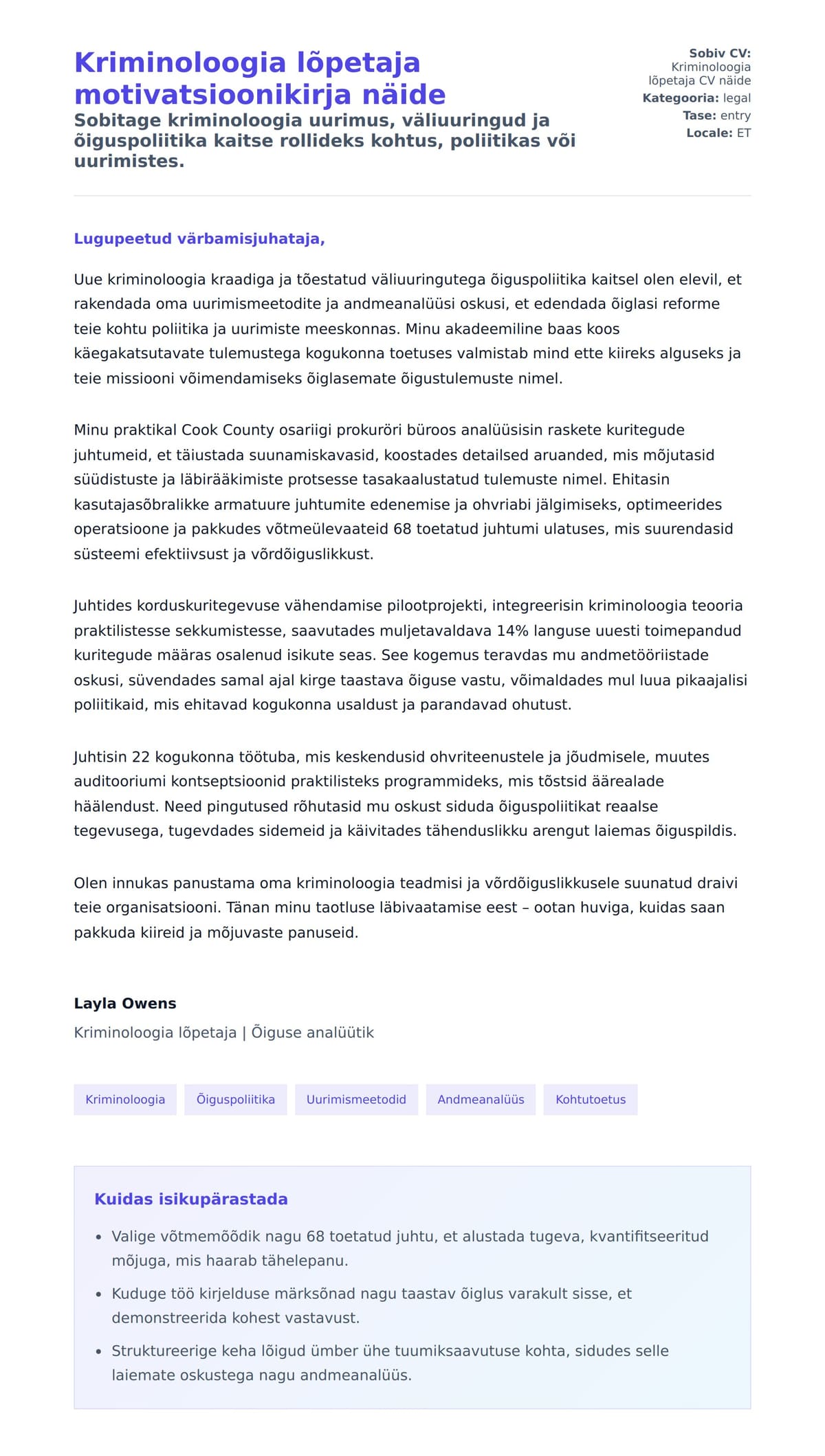 Kaaskirja eelvaade Kriminoloogia lõpetaja motivatsioonikirja näide jaoks