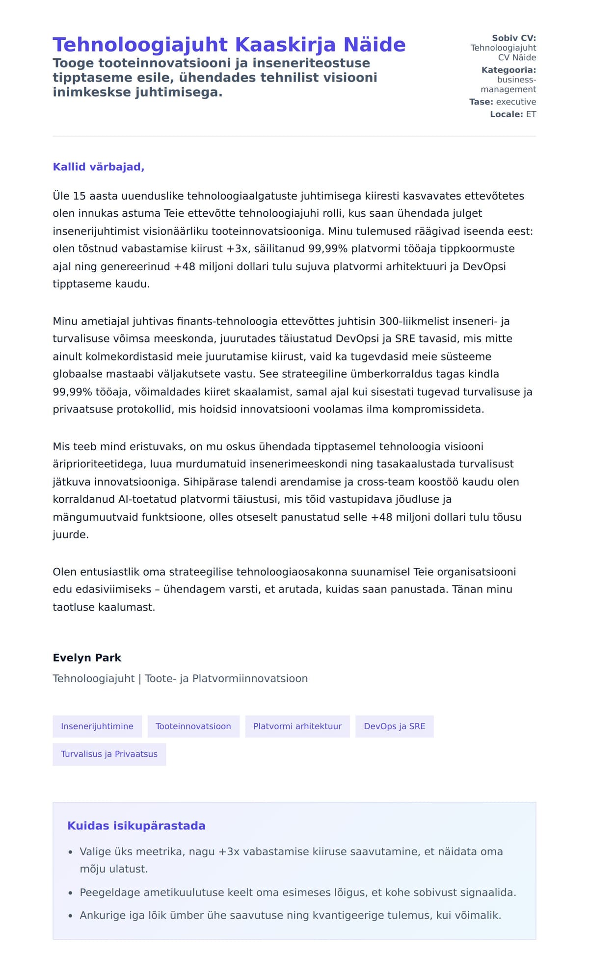 Kaaskirja eelvaade Tehnoloogiajuht Kaaskirja Näide jaoks