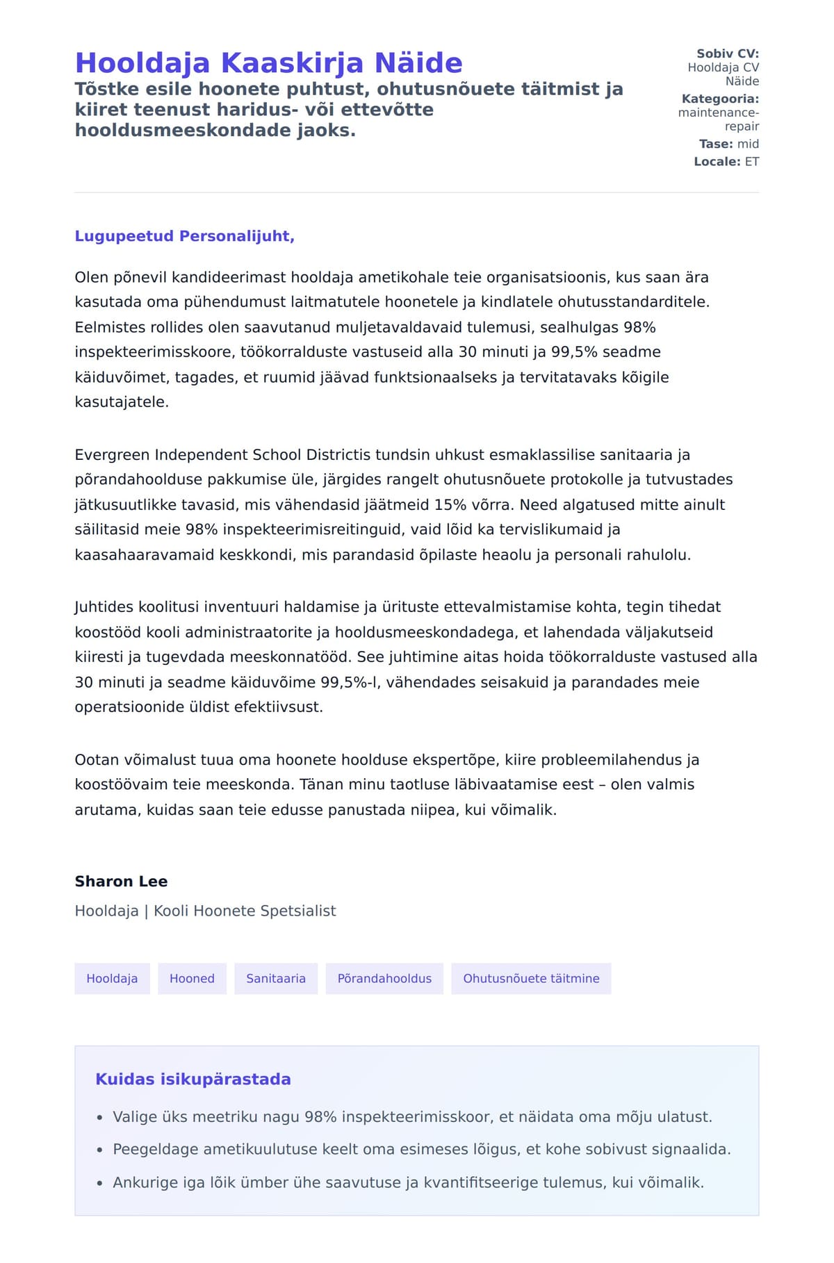 Kaaskirja eelvaade Hooldaja Kaaskirja Näide jaoks