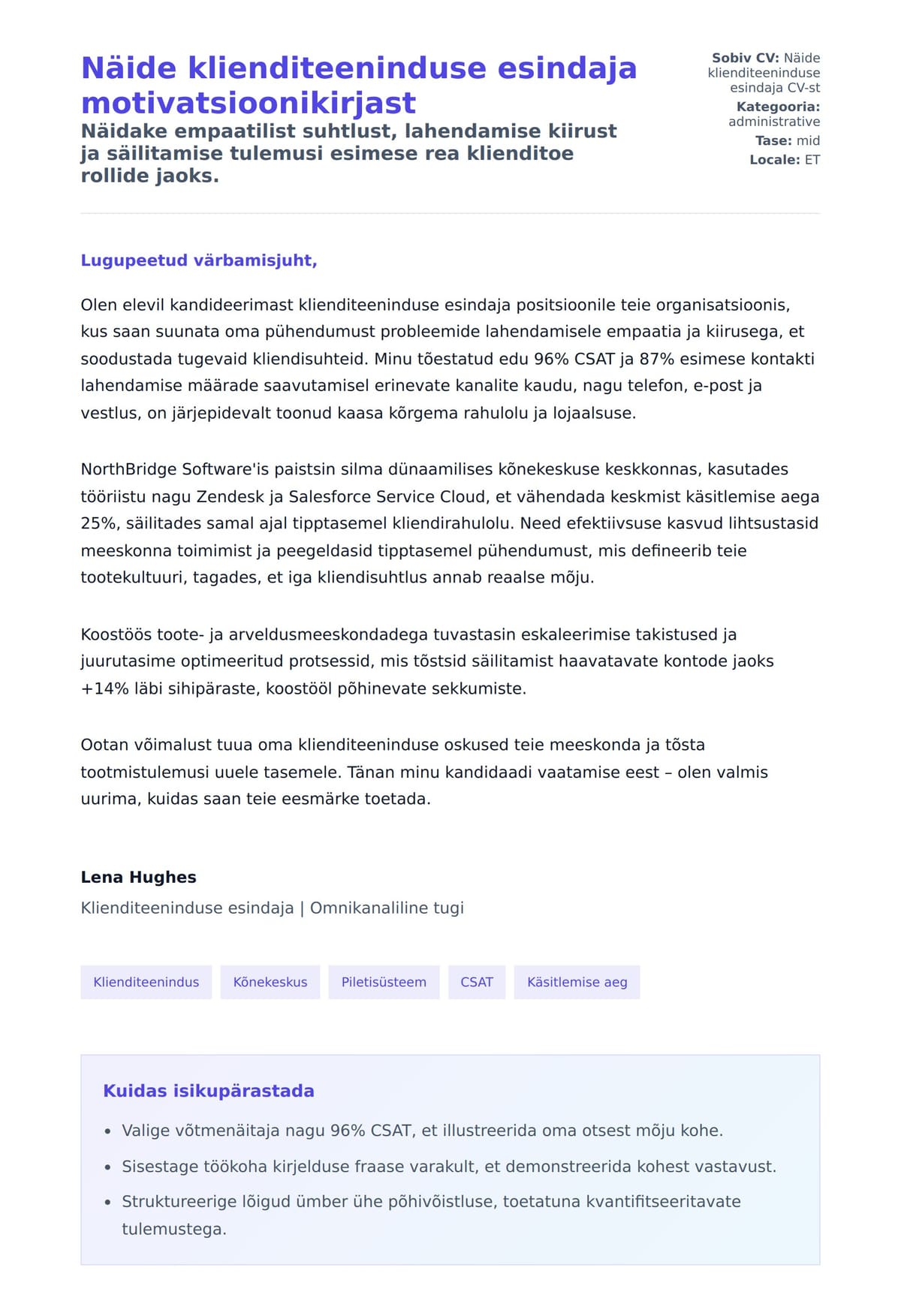 Kaaskirja eelvaade Näide klienditeeninduse esindaja motivatsioonikirjast jaoks