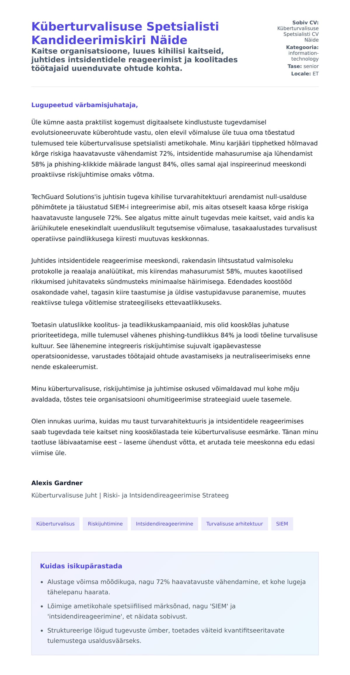 Kaaskirja eelvaade Küberturvalisuse Spetsialisti Kandideerimiskiri Näide jaoks