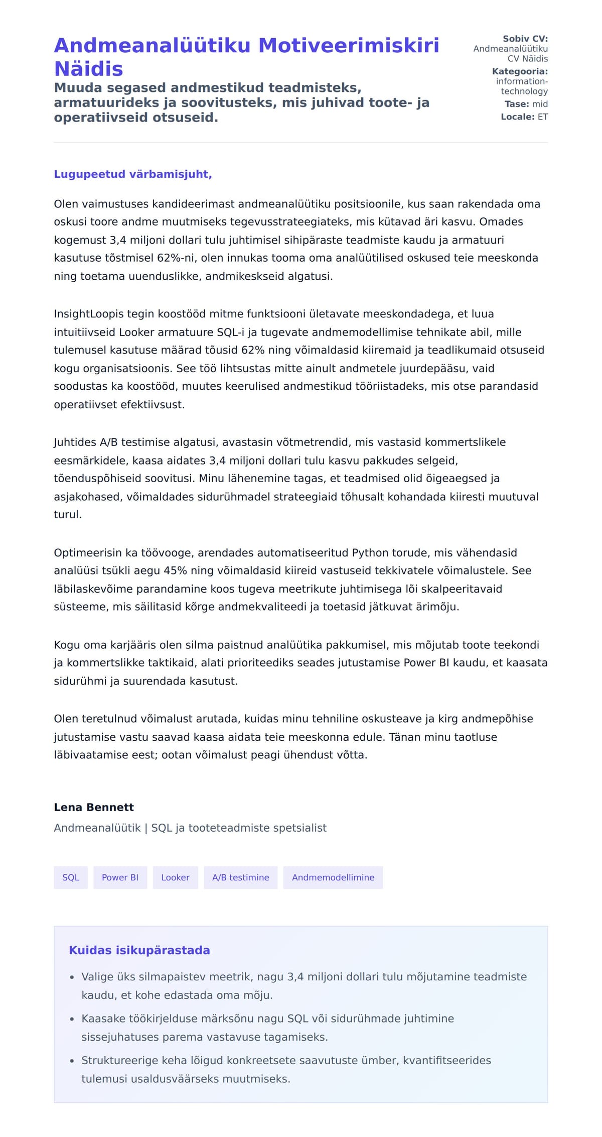 Kaaskirja eelvaade Andmeanalüütiku Motiveerimiskiri Näidis jaoks