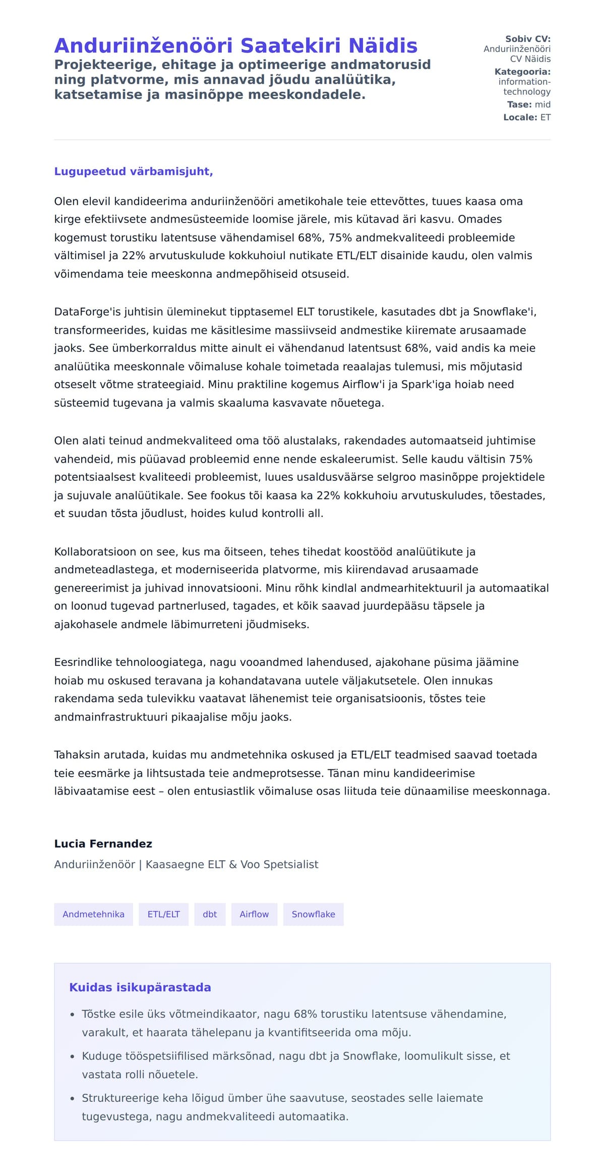 Kaaskirja eelvaade Anduriinženööri Saatekiri Näidis jaoks