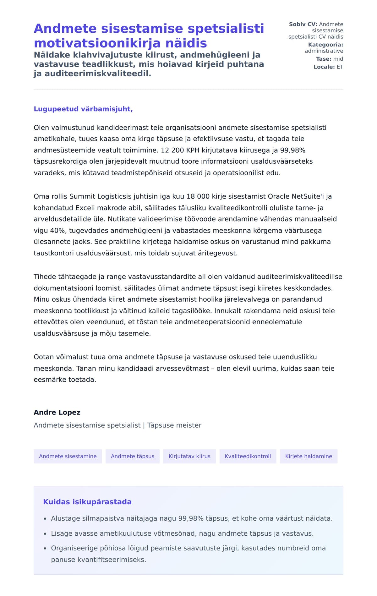 Kaaskirja eelvaade Andmete sisestamise spetsialisti motivatsioonikirja näidis jaoks