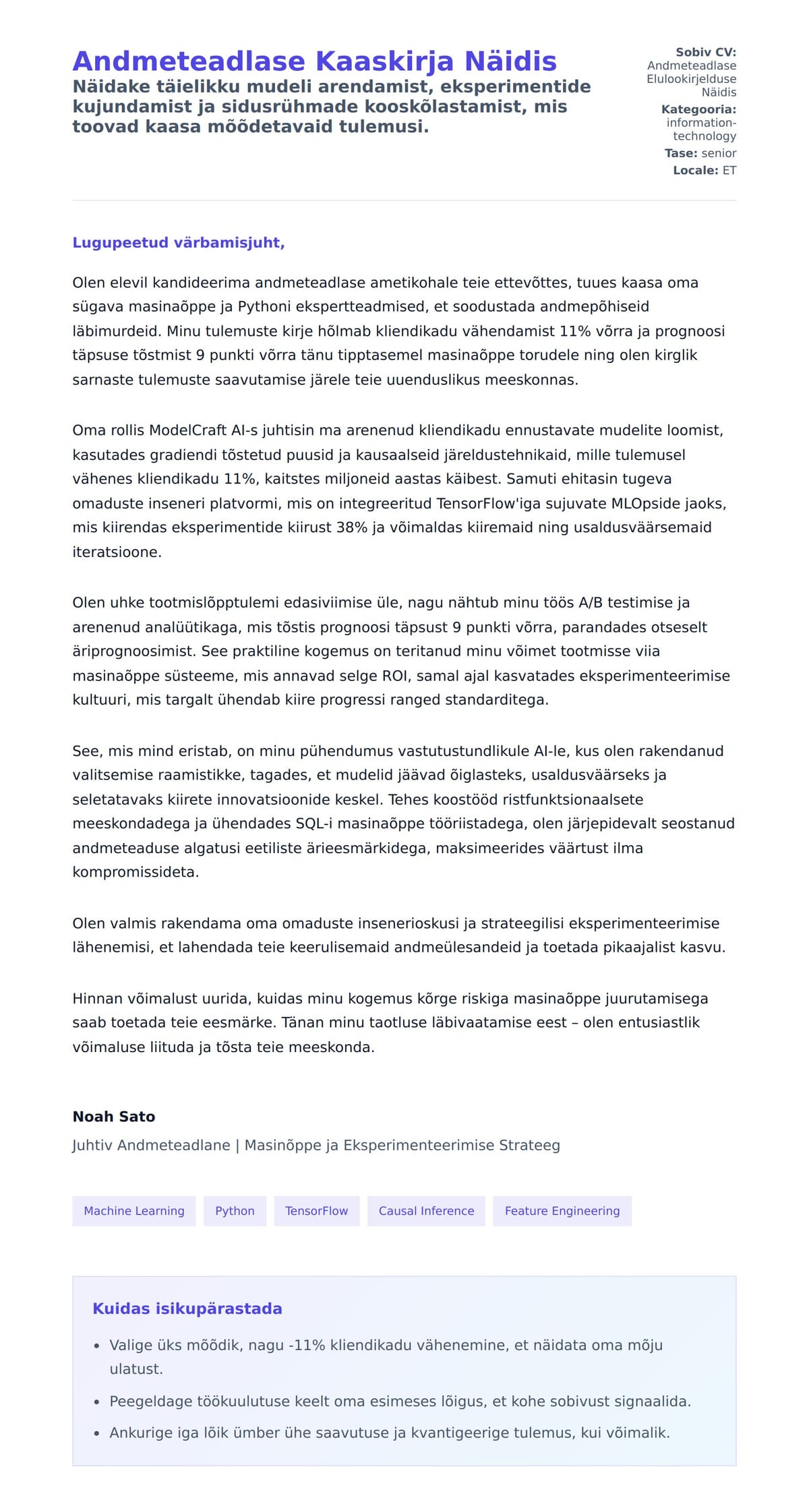 Kaaskirja eelvaade Andmeteadlase Kaaskirja Näidis jaoks