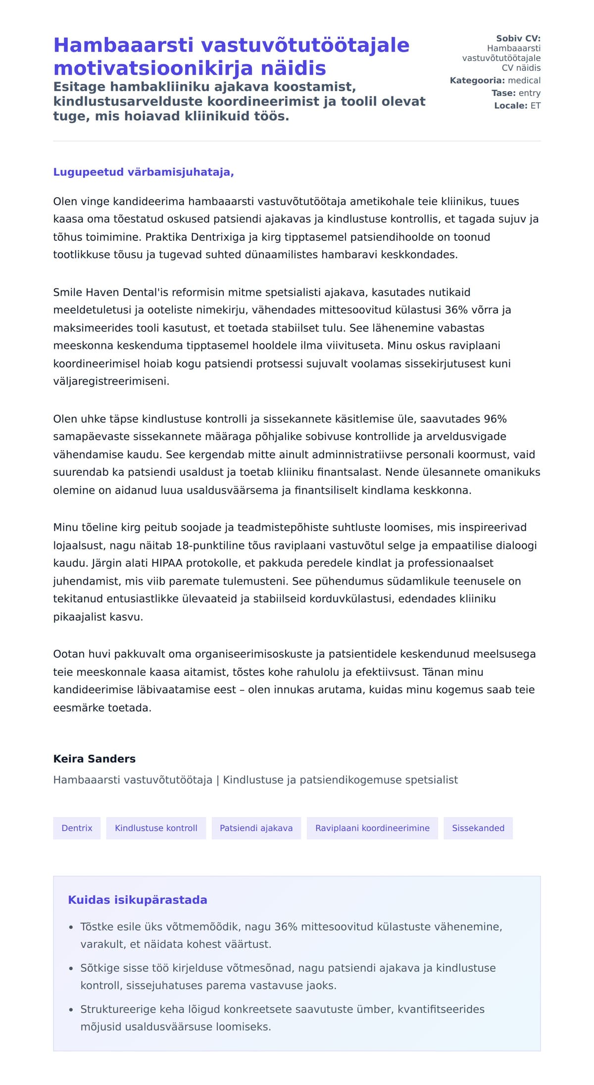Kaaskirja eelvaade Hambaaarsti vastuvõtutöötajale motivatsioonikirja näidis jaoks