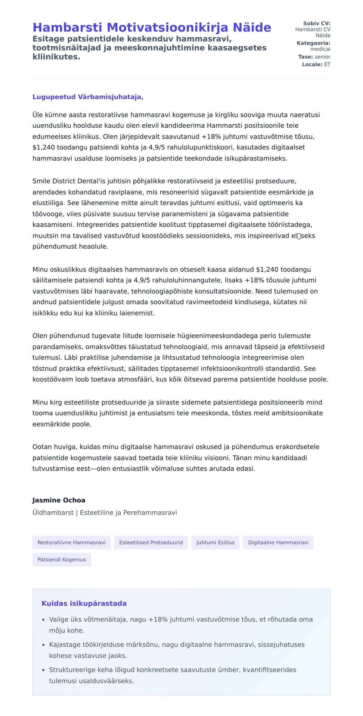 Kaaskirja eelvaade Hambarsti Motivatsioonikirja Näide jaoks