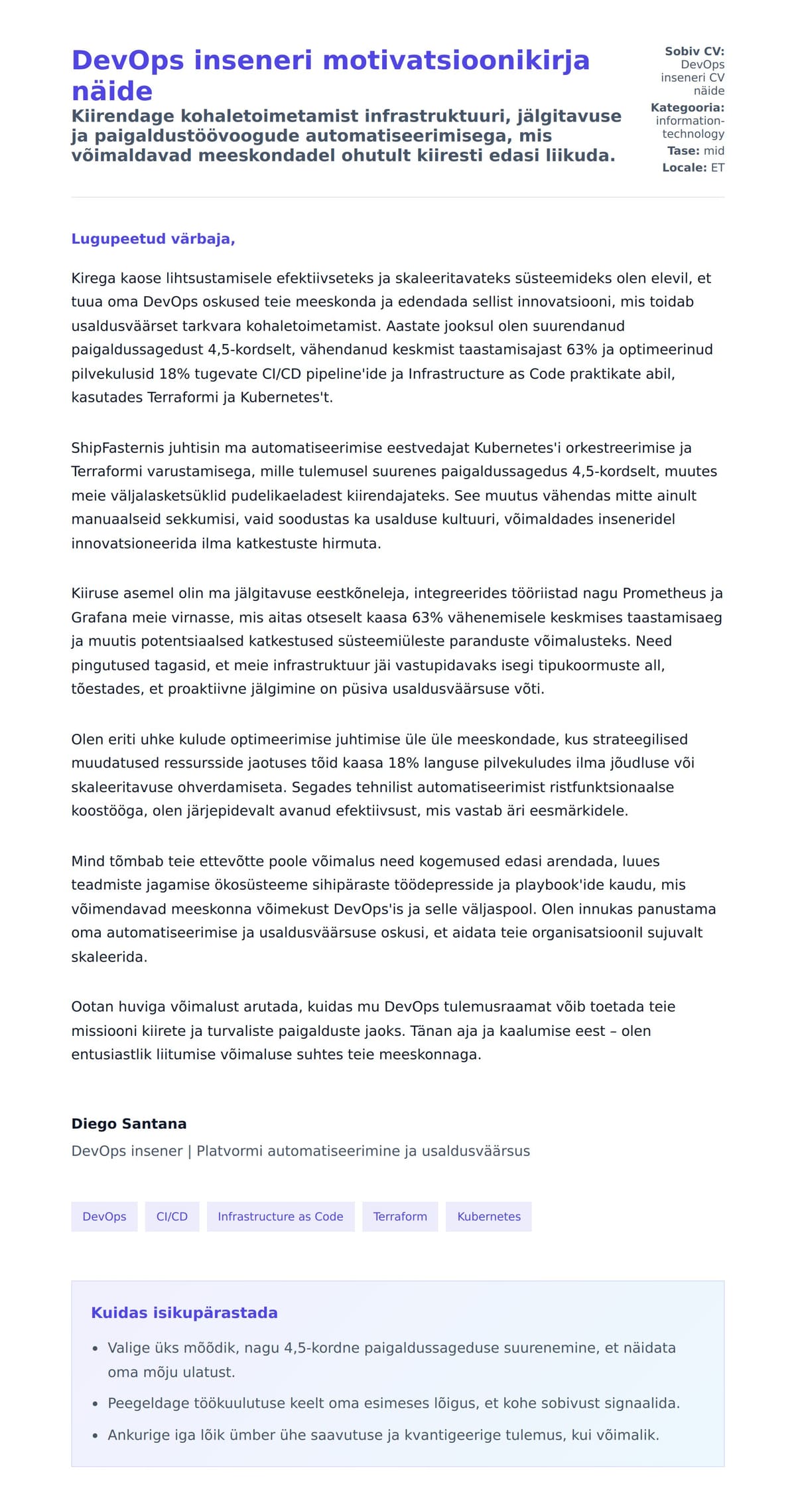 Kaaskirja eelvaade DevOps inseneri motivatsioonikirja näide jaoks