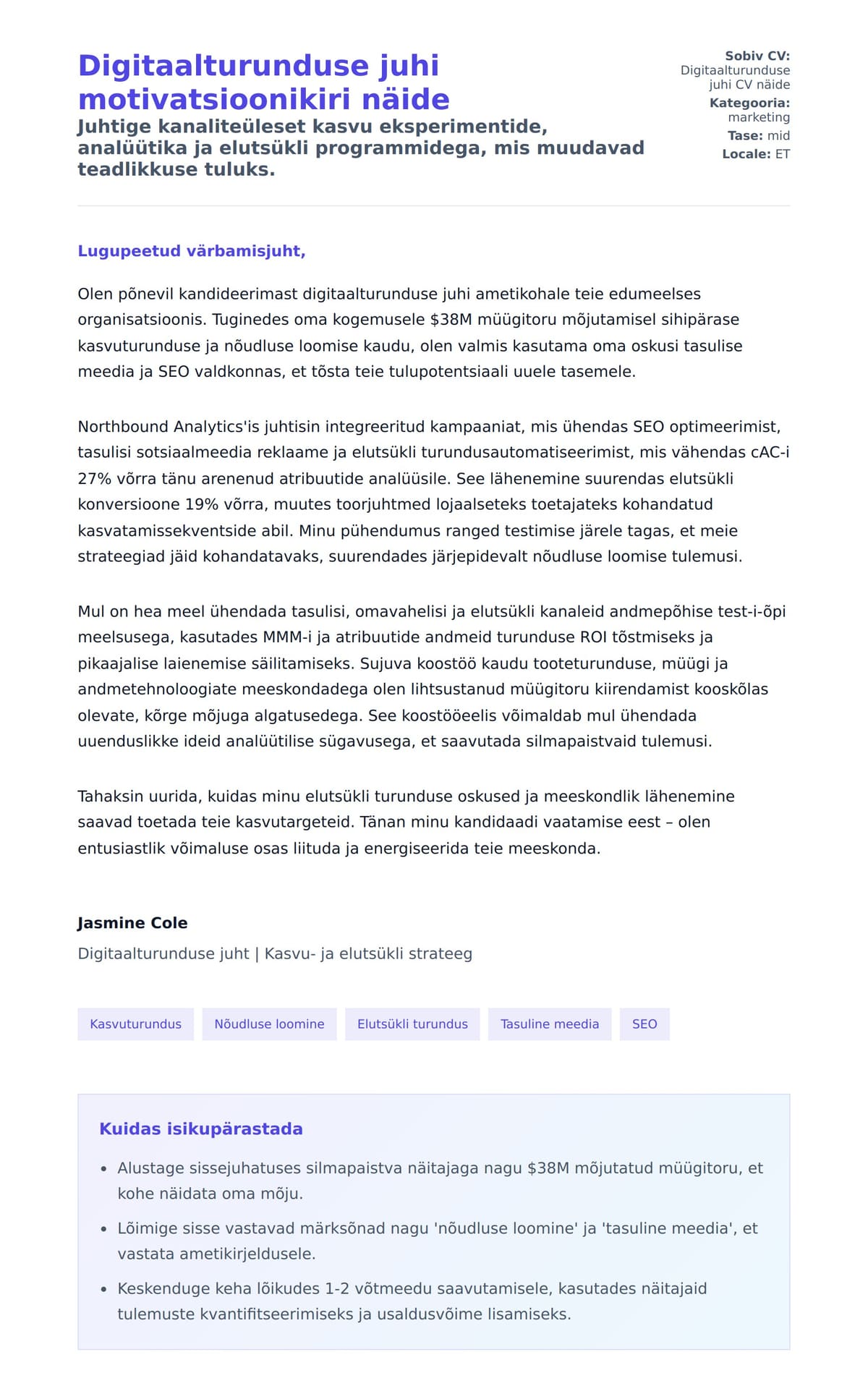Kaaskirja eelvaade Digitaalturunduse juhi motivatsioonikiri näide jaoks