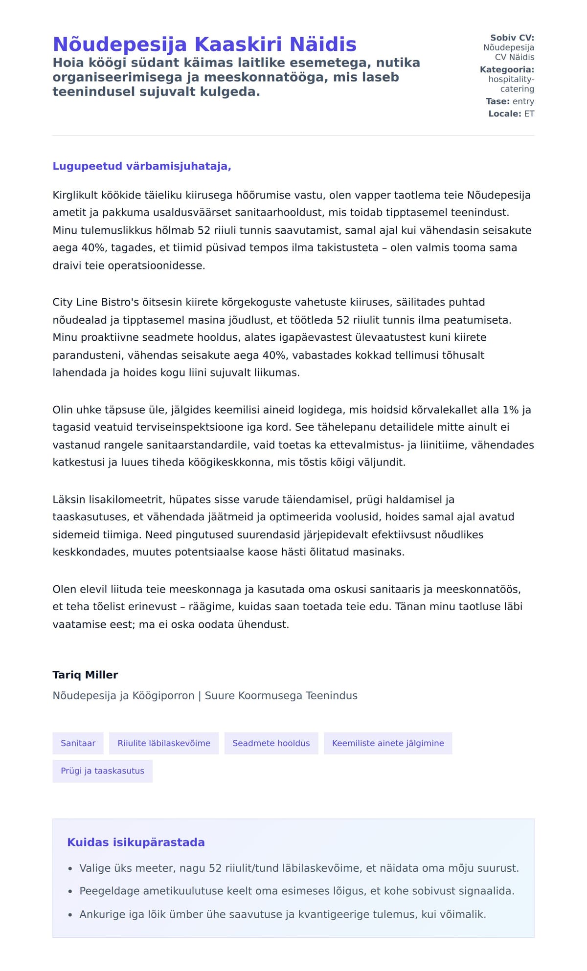 Kaaskirja eelvaade Nõudepesija Kaaskiri Näidis jaoks