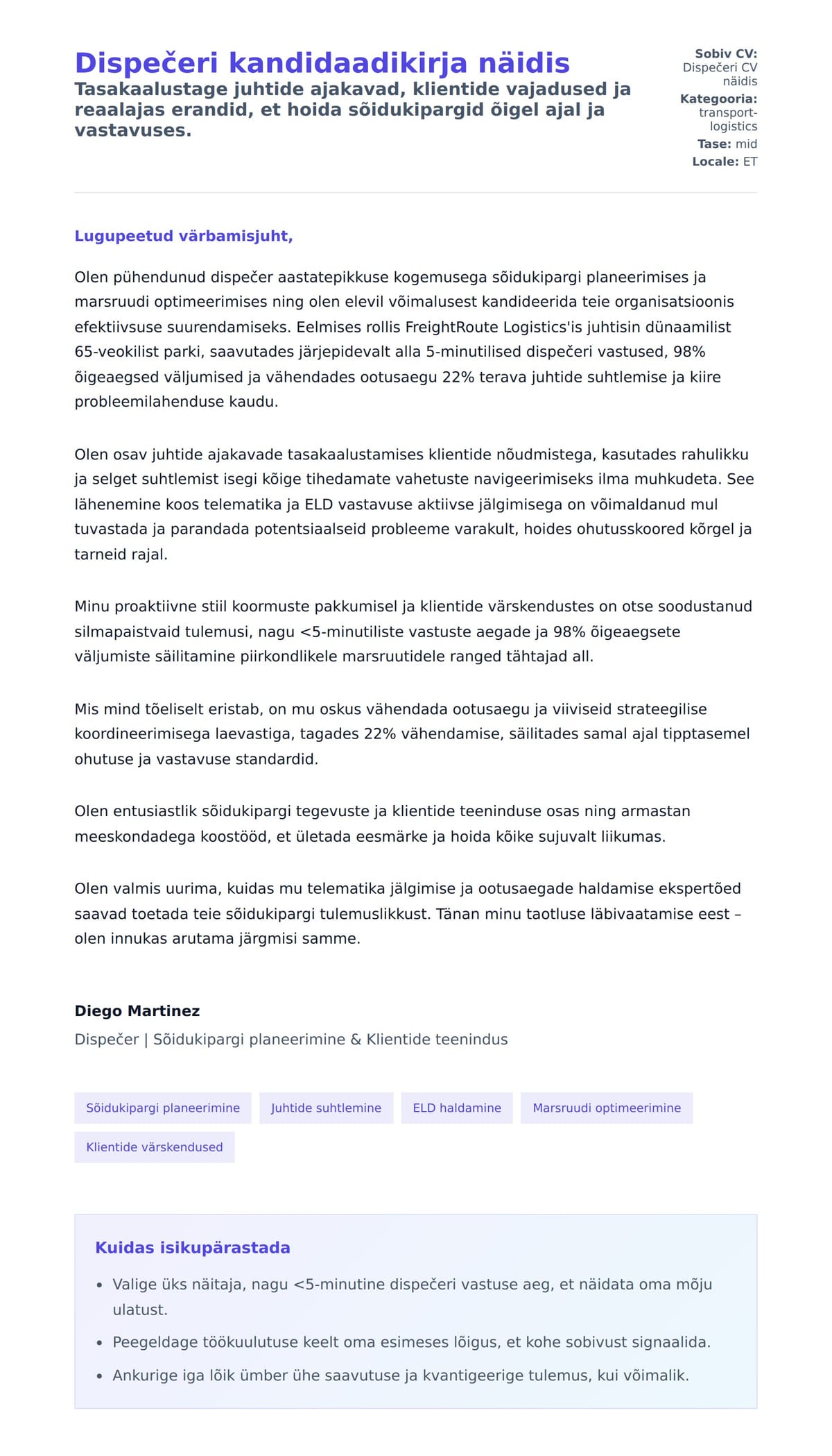 Kaaskirja eelvaade Dispečeri kandidaadikirja näidis jaoks