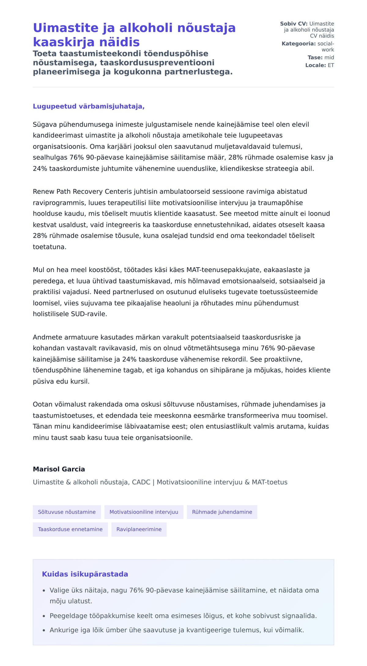 Kaaskirja eelvaade Uimastite ja alkoholi nõustaja kaaskirja näidis jaoks