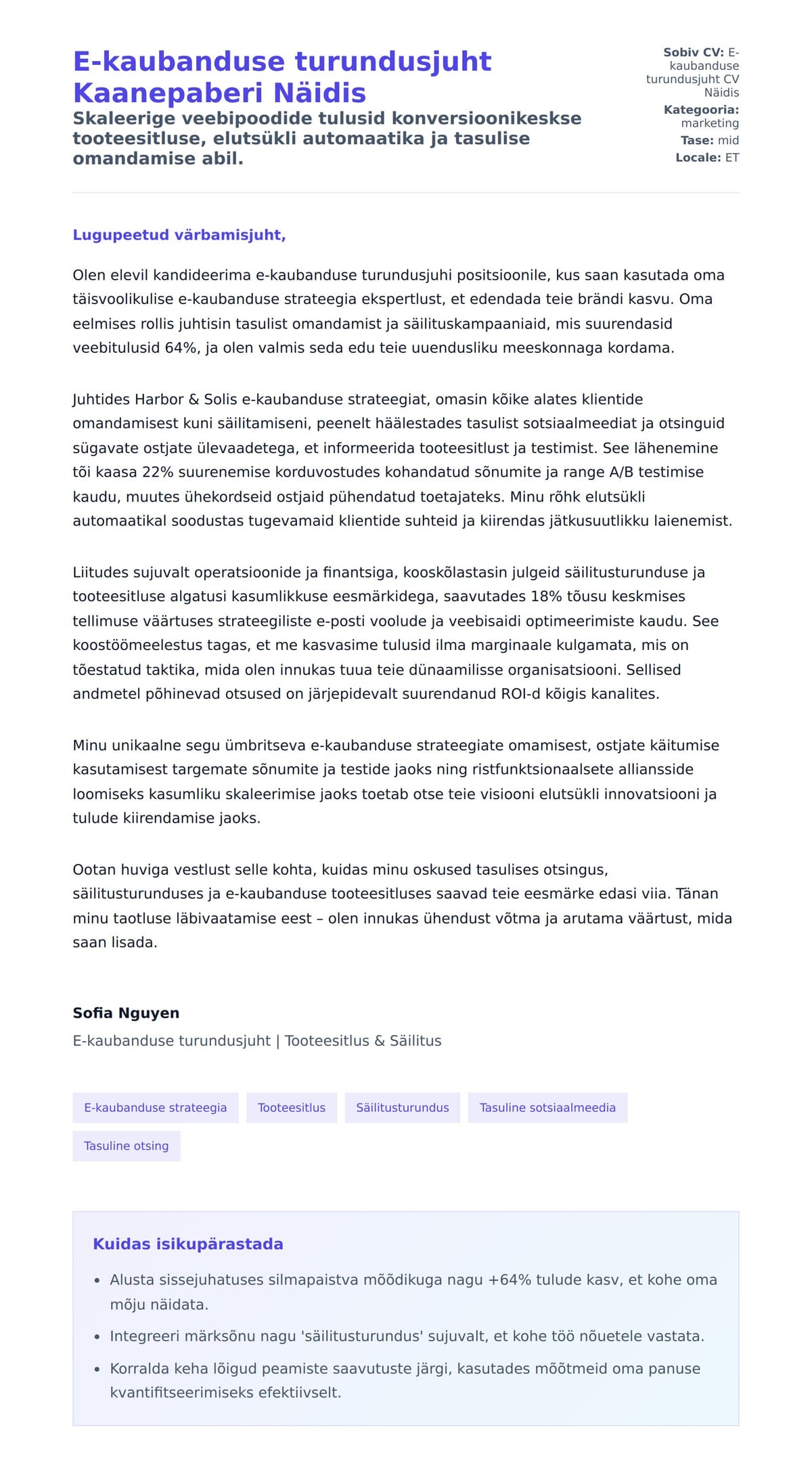 Kaaskirja eelvaade E-kaubanduse turundusjuht Kaanepaberi Näidis jaoks