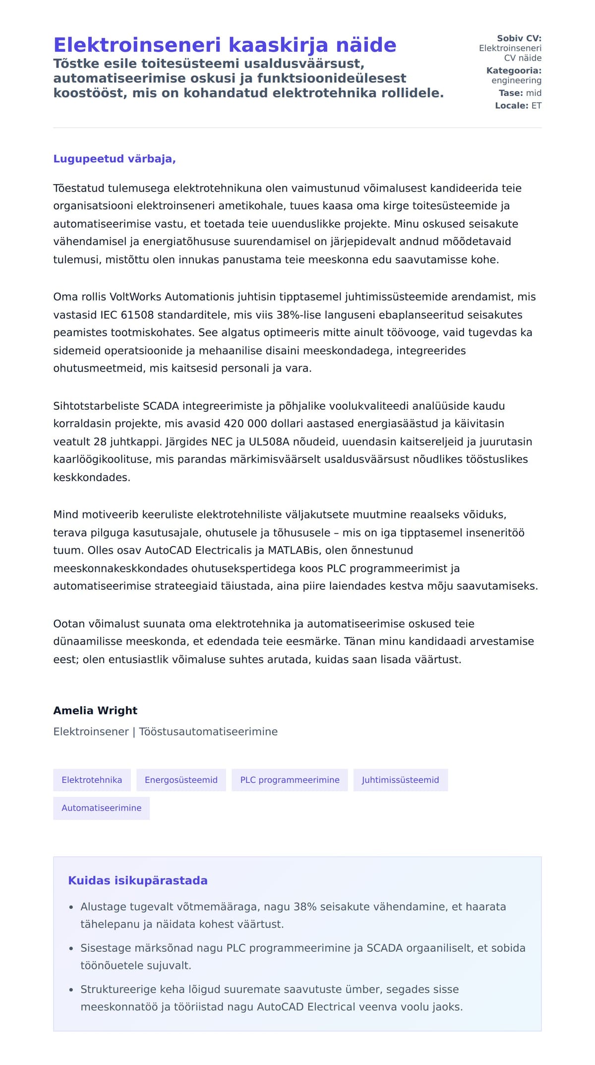 Kaaskirja eelvaade Elektroinseneri kaaskirja näide jaoks