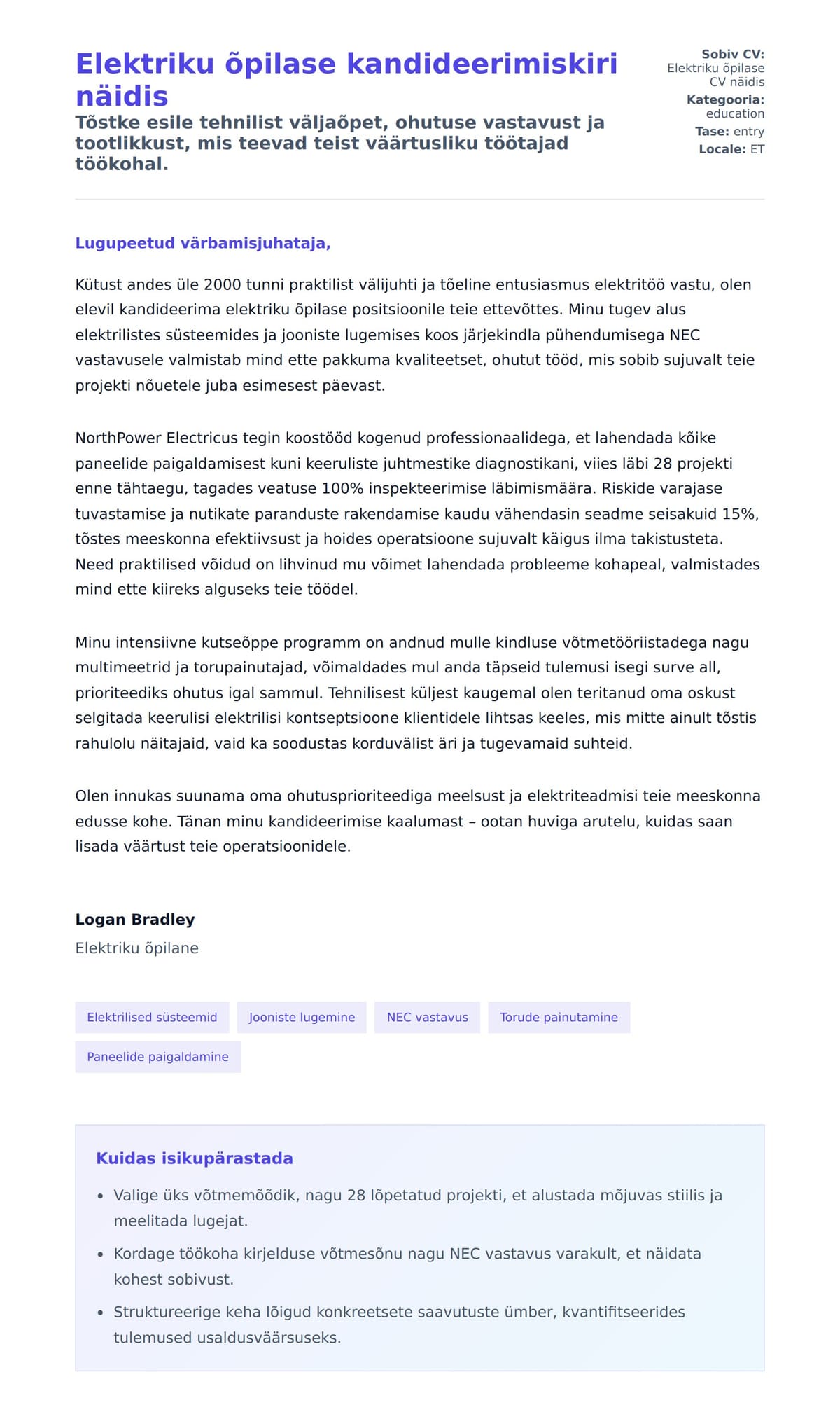 Kaaskirja eelvaade Elektriku õpilase kandideerimiskiri näidis jaoks