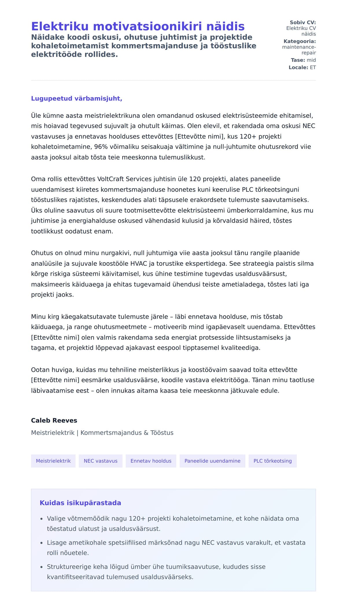 Kaaskirja eelvaade Elektriku motivatsioonikiri näidis jaoks