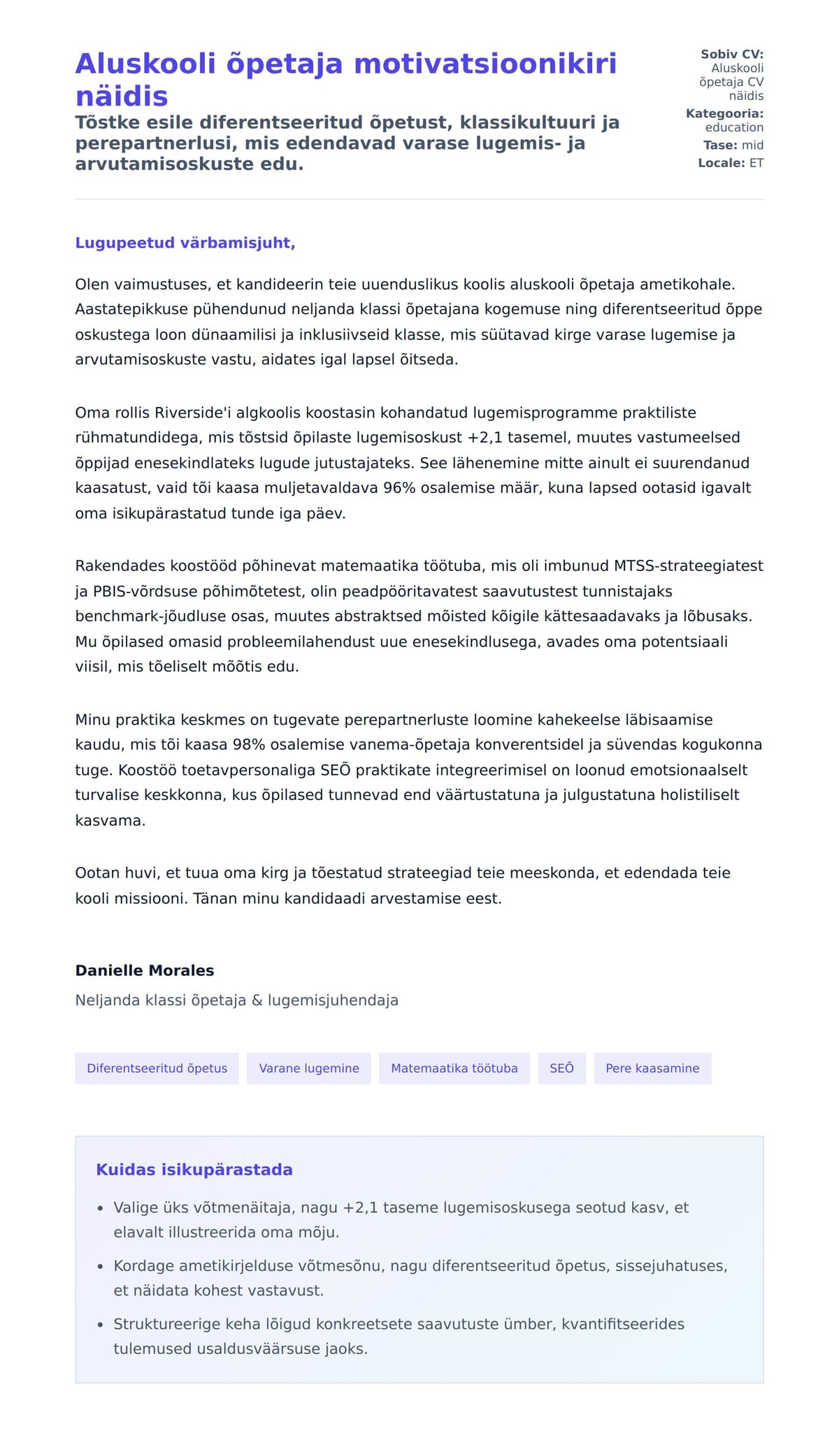 Kaaskirja eelvaade Aluskooli õpetaja motivatsioonikiri näidis jaoks