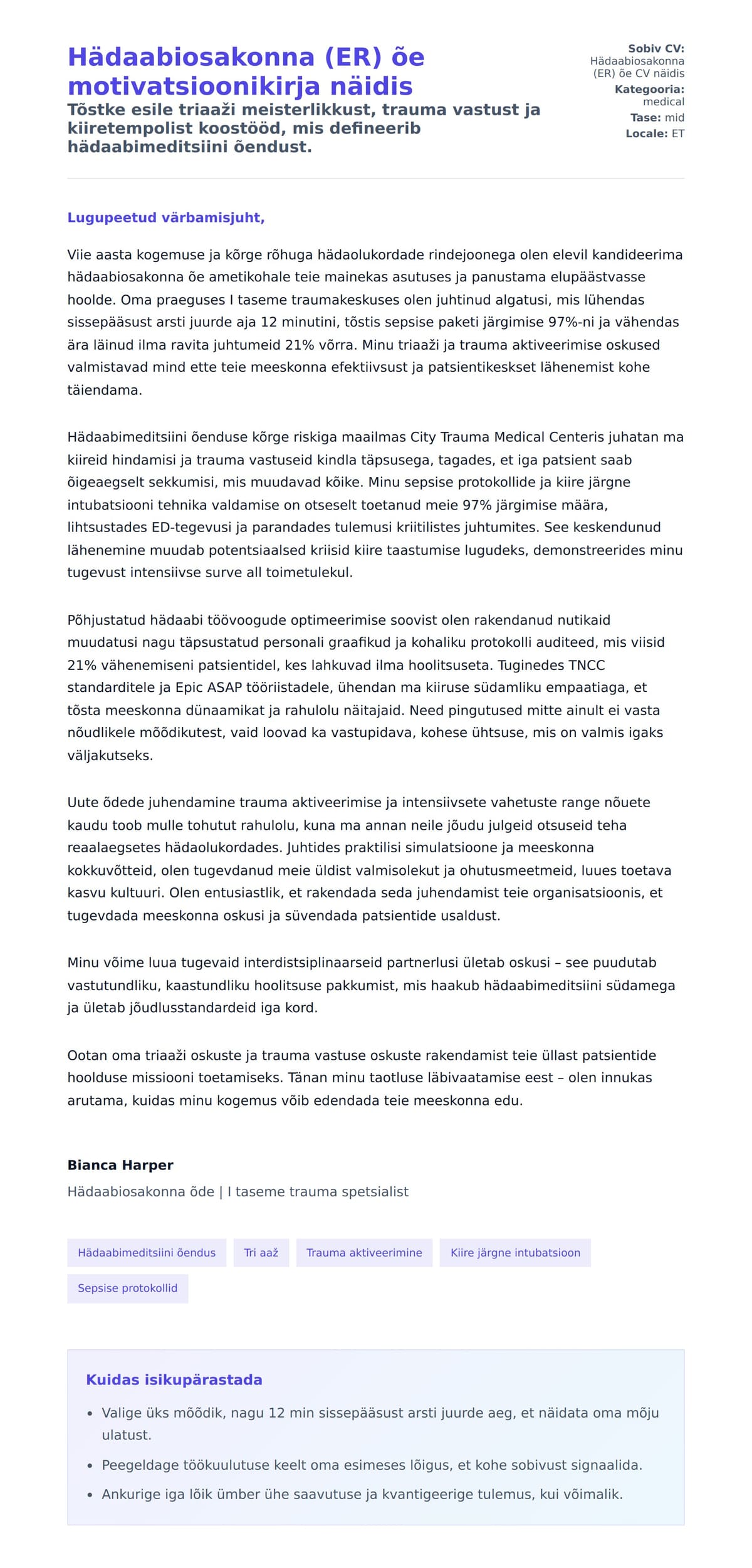 Kaaskirja eelvaade Hädaabiosakonna (ER) õe motivatsioonikirja näidis jaoks