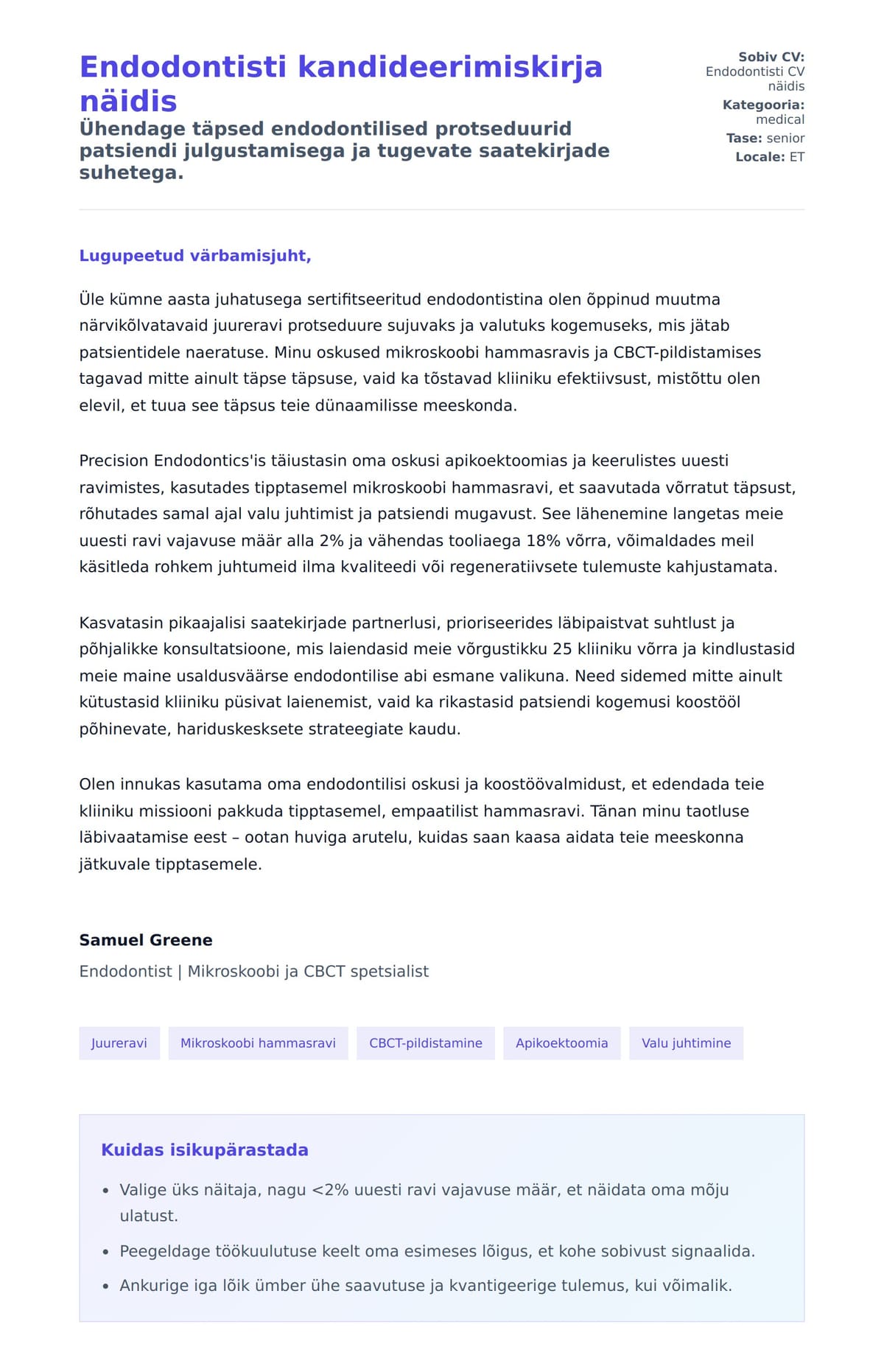 Kaaskirja eelvaade Endodontisti kandideerimiskirja näidis jaoks