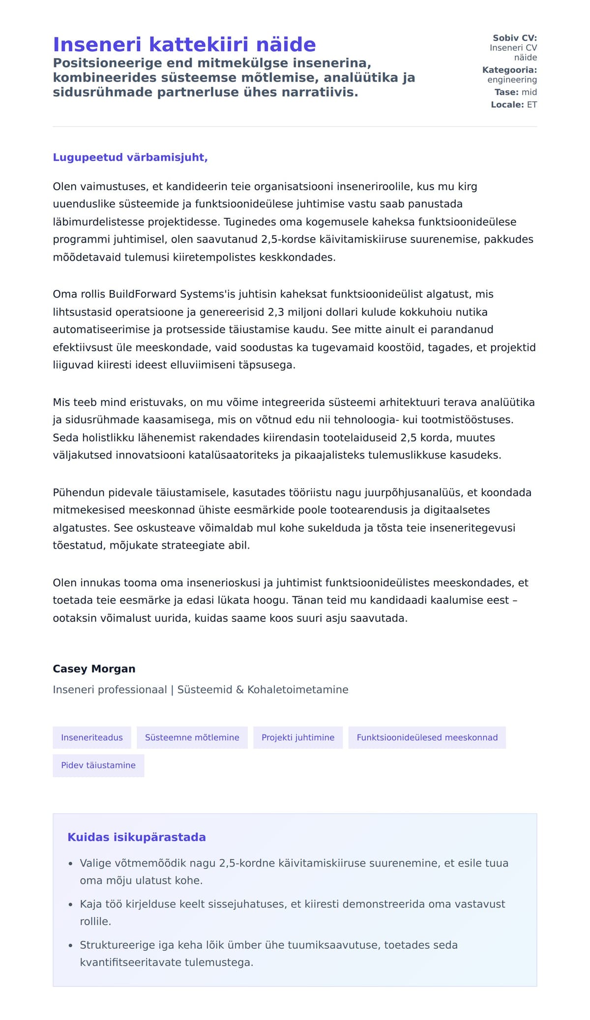 Kaaskirja eelvaade Inseneri kattekiiri näide jaoks