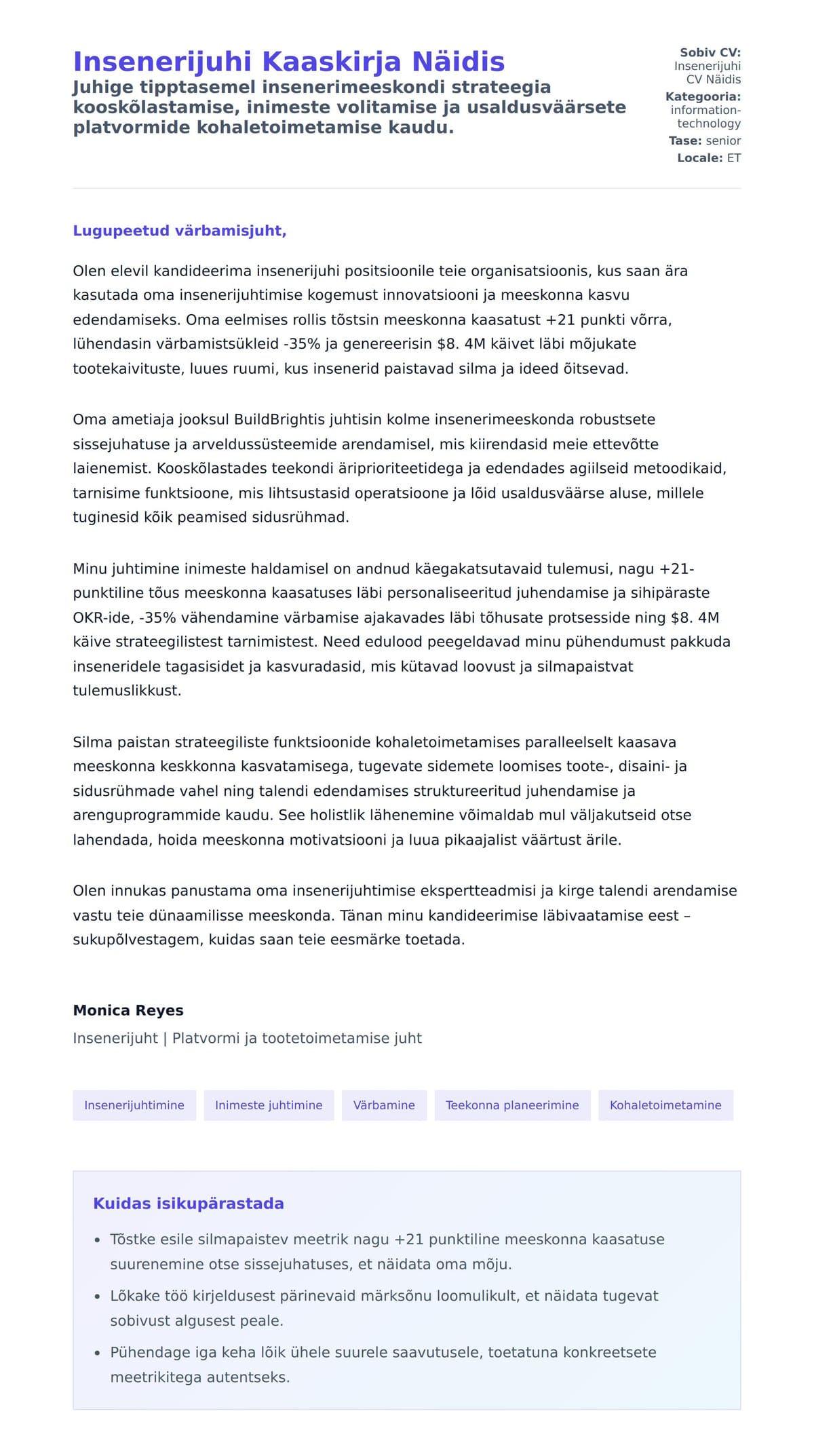 Kaaskirja eelvaade Insenerijuhi Kaaskirja Näidis jaoks