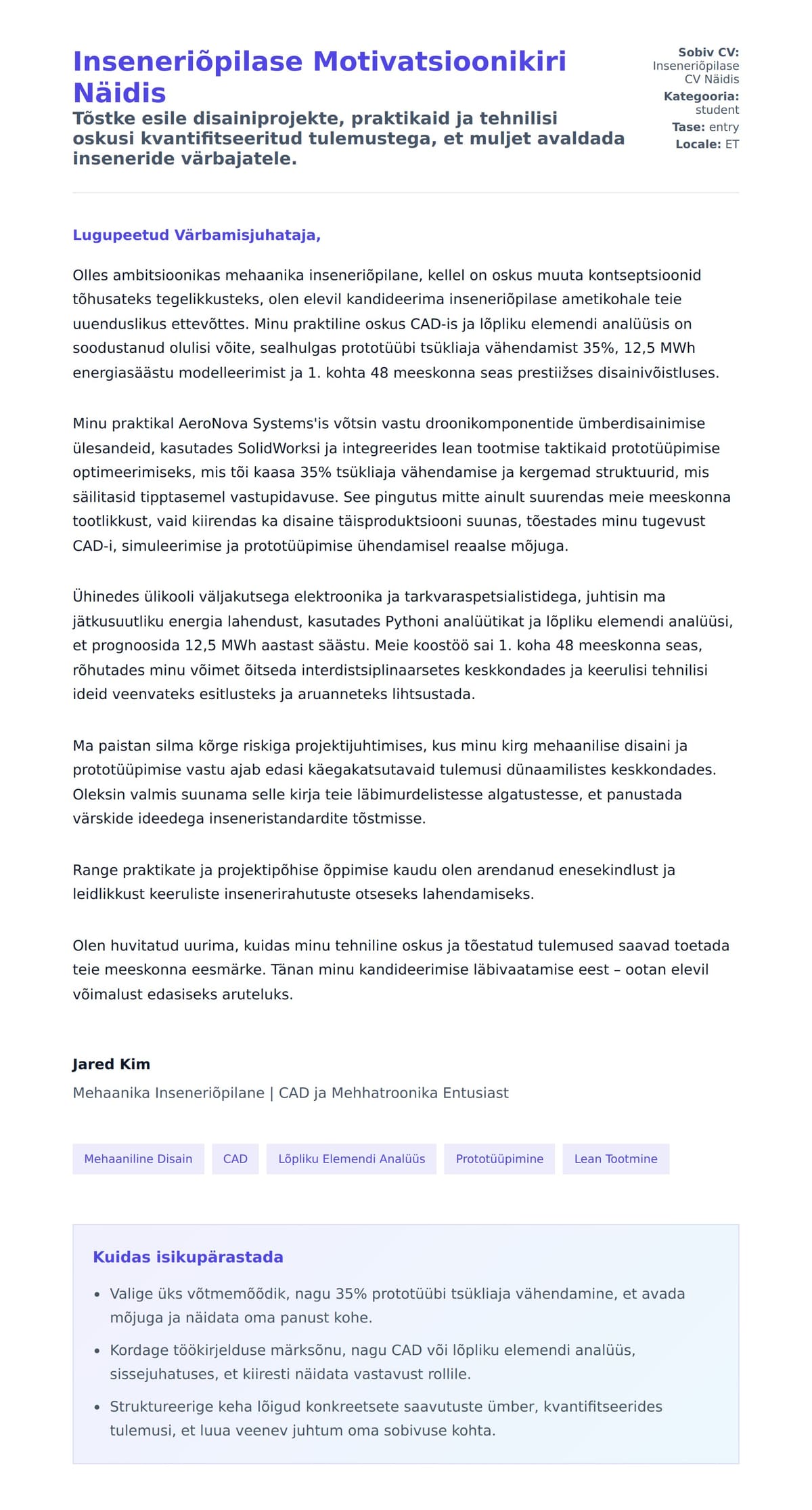 Kaaskirja eelvaade Inseneriõpilase Motivatsioonikiri Näidis jaoks