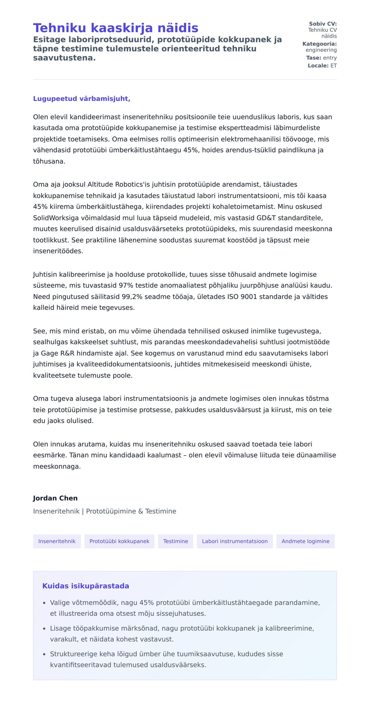 Kaaskirja eelvaade Tehniku kaaskirja näidis jaoks