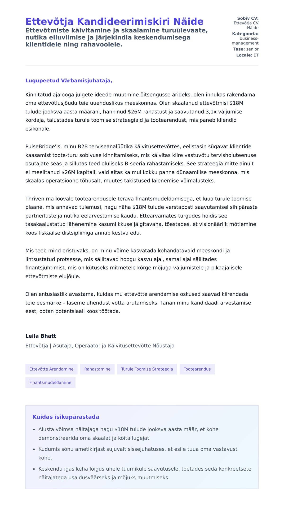 Kaaskirja eelvaade Ettevõtja Kandideerimiskiri Näide jaoks