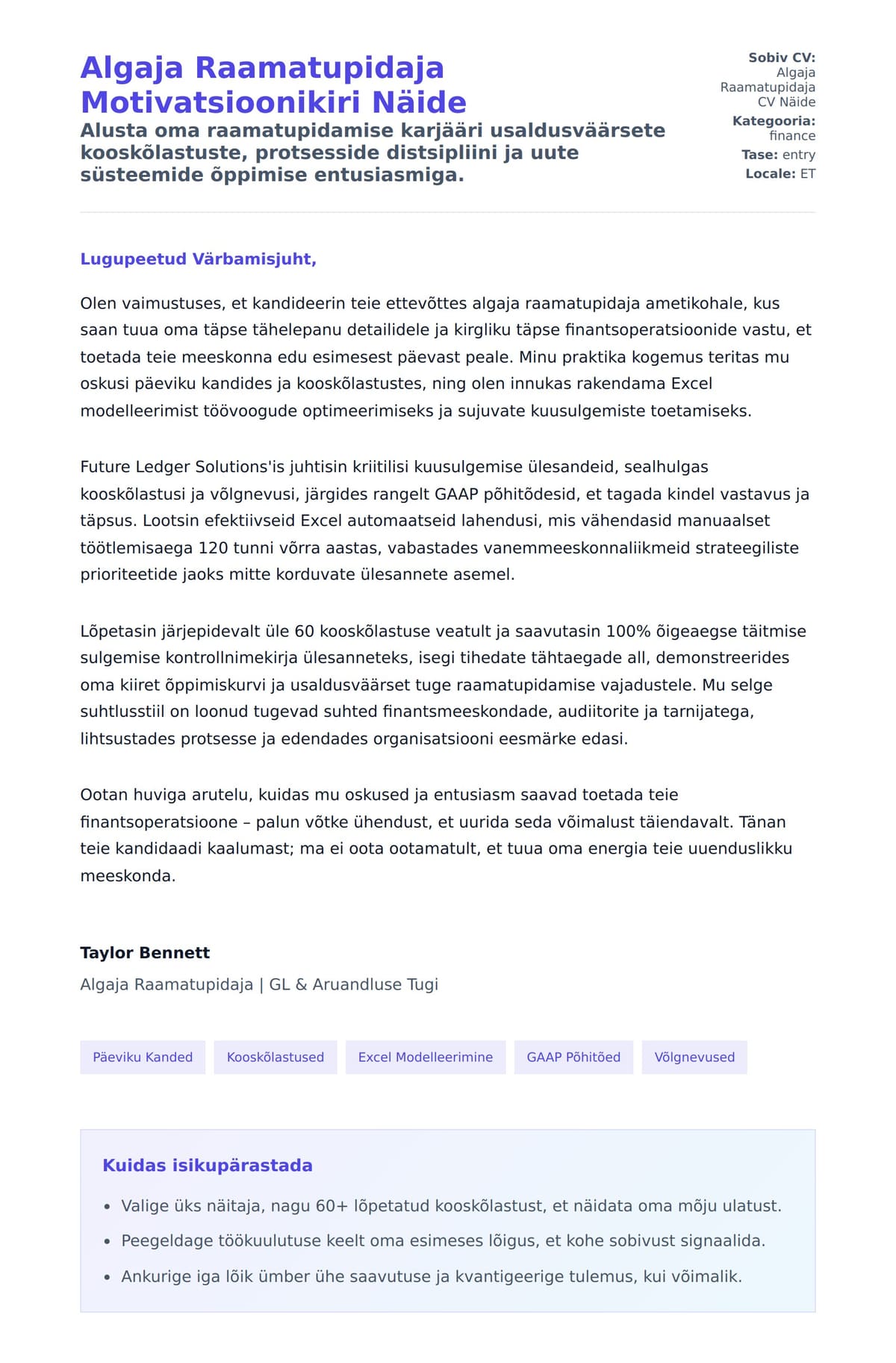 Kaaskirja eelvaade Algaja Raamatupidaja Motivatsioonikiri Näide jaoks