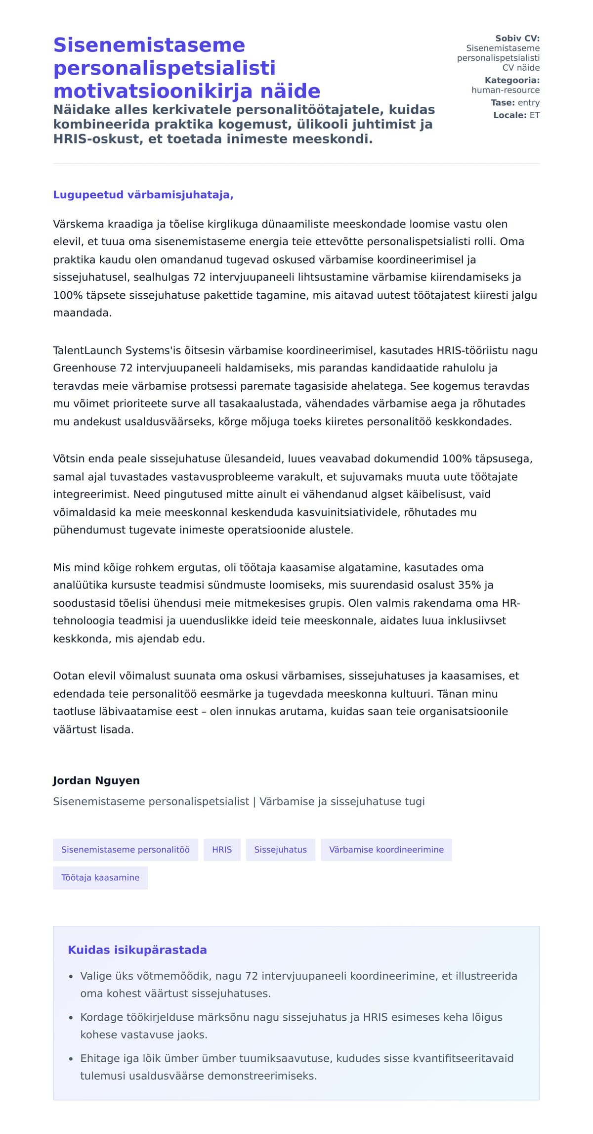 Kaaskirja eelvaade Sisenemistaseme personalispetsialisti motivatsioonikirja näide jaoks