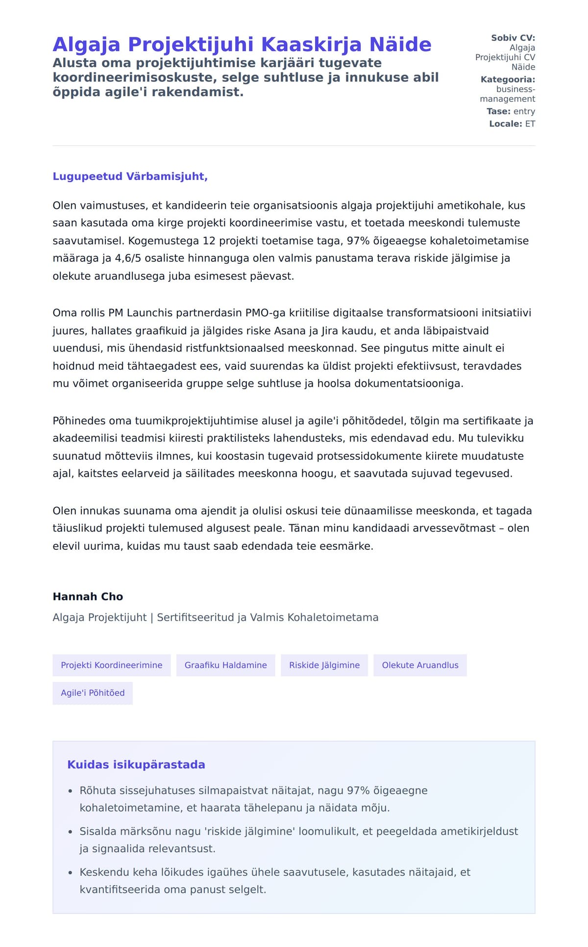 Kaaskirja eelvaade Algaja Projektijuhi Kaaskirja Näide jaoks