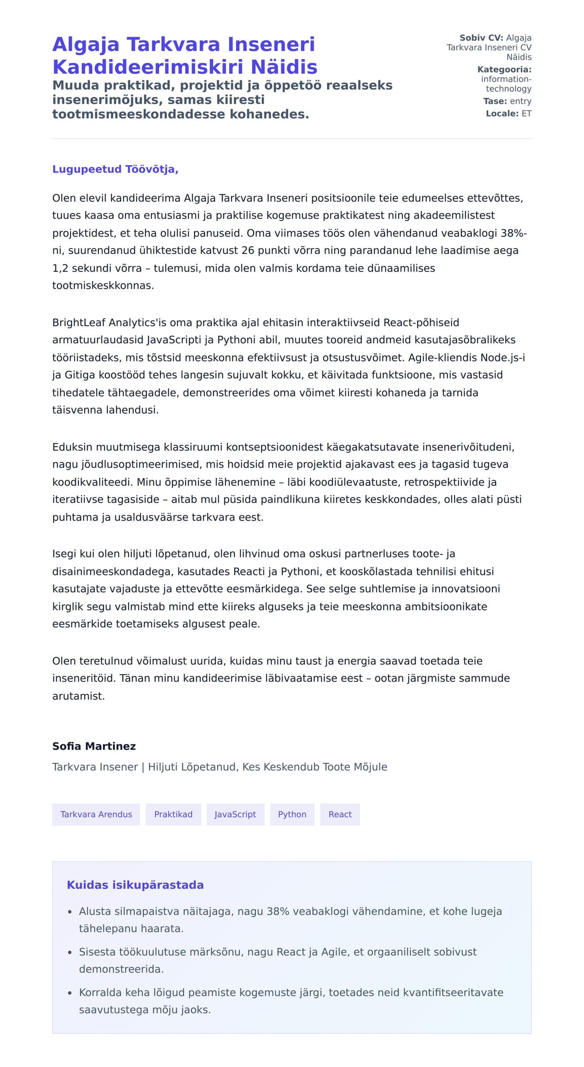 Kaaskirja eelvaade Algaja Tarkvara Inseneri Kandideerimiskiri Näidis jaoks