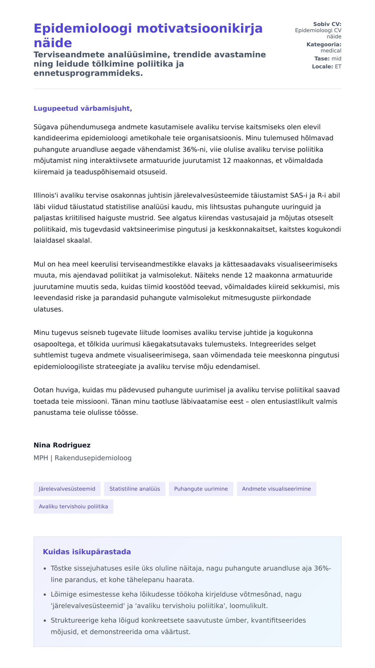 Kaaskirja eelvaade Epidemioloogi motivatsioonikirja näide jaoks