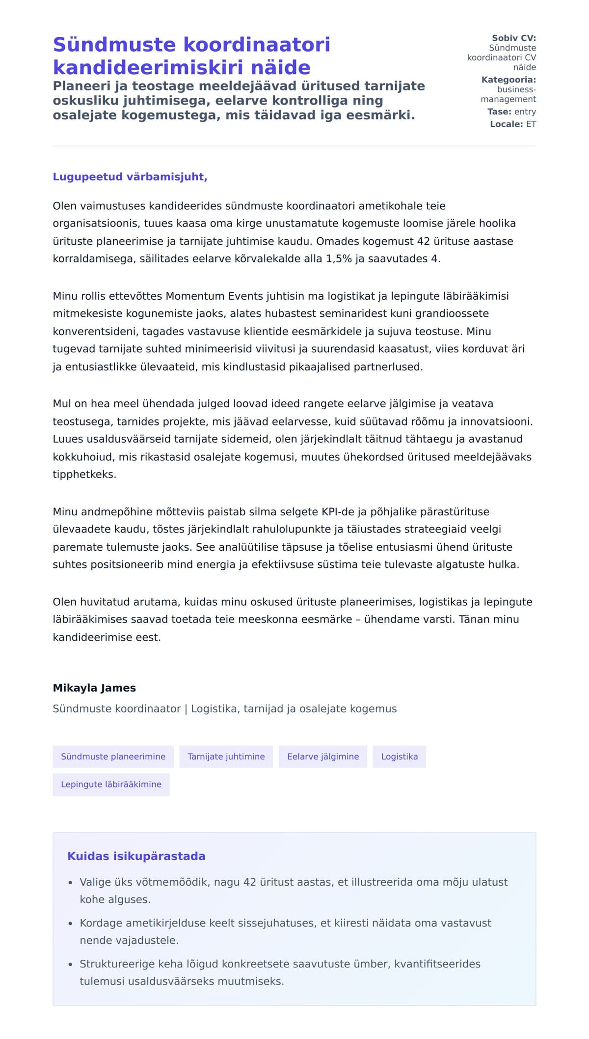 Kaaskirja eelvaade Sündmuste koordinaatori kandideerimiskiri näide jaoks