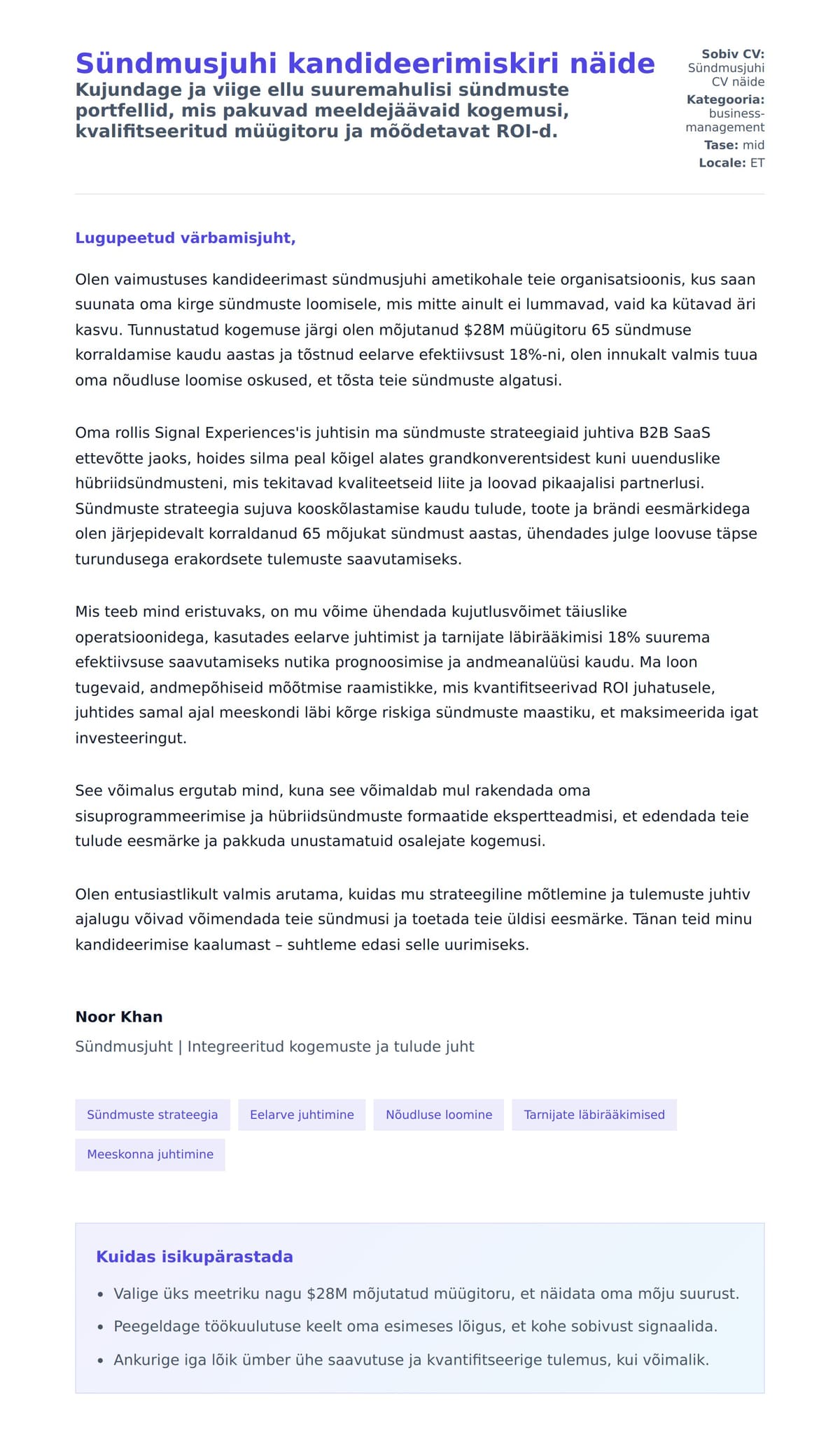 Kaaskirja eelvaade Sündmusjuhi kandideerimiskiri näide jaoks