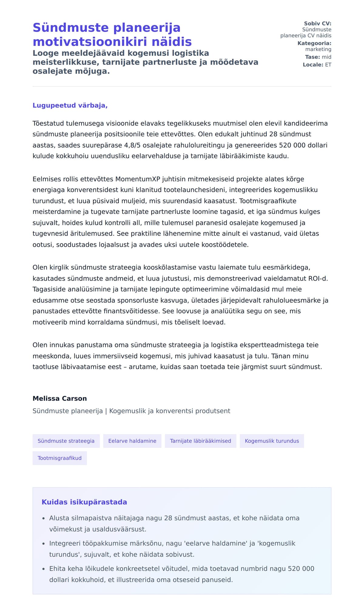 Kaaskirja eelvaade Sündmuste planeerija motivatsioonikiri näidis jaoks