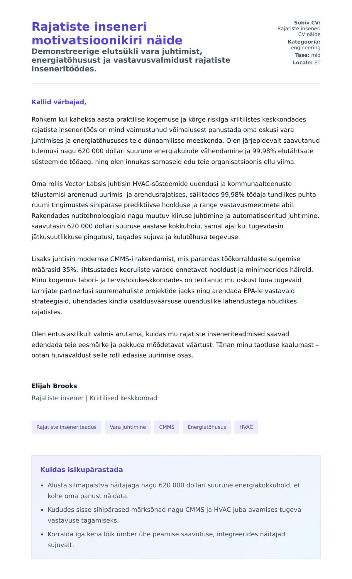 Kaaskirja eelvaade Rajatiste inseneri motivatsioonikiri näide jaoks