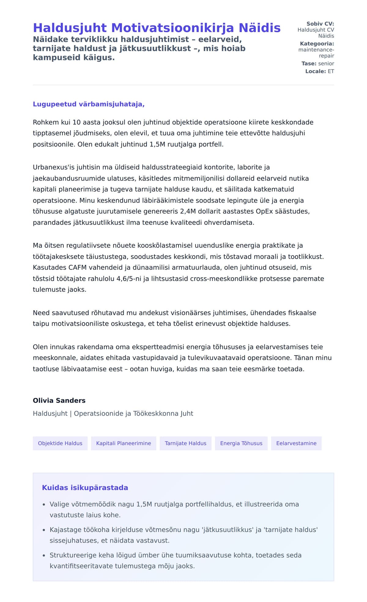 Kaaskirja eelvaade Haldusjuht Motivatsioonikirja Näidis jaoks