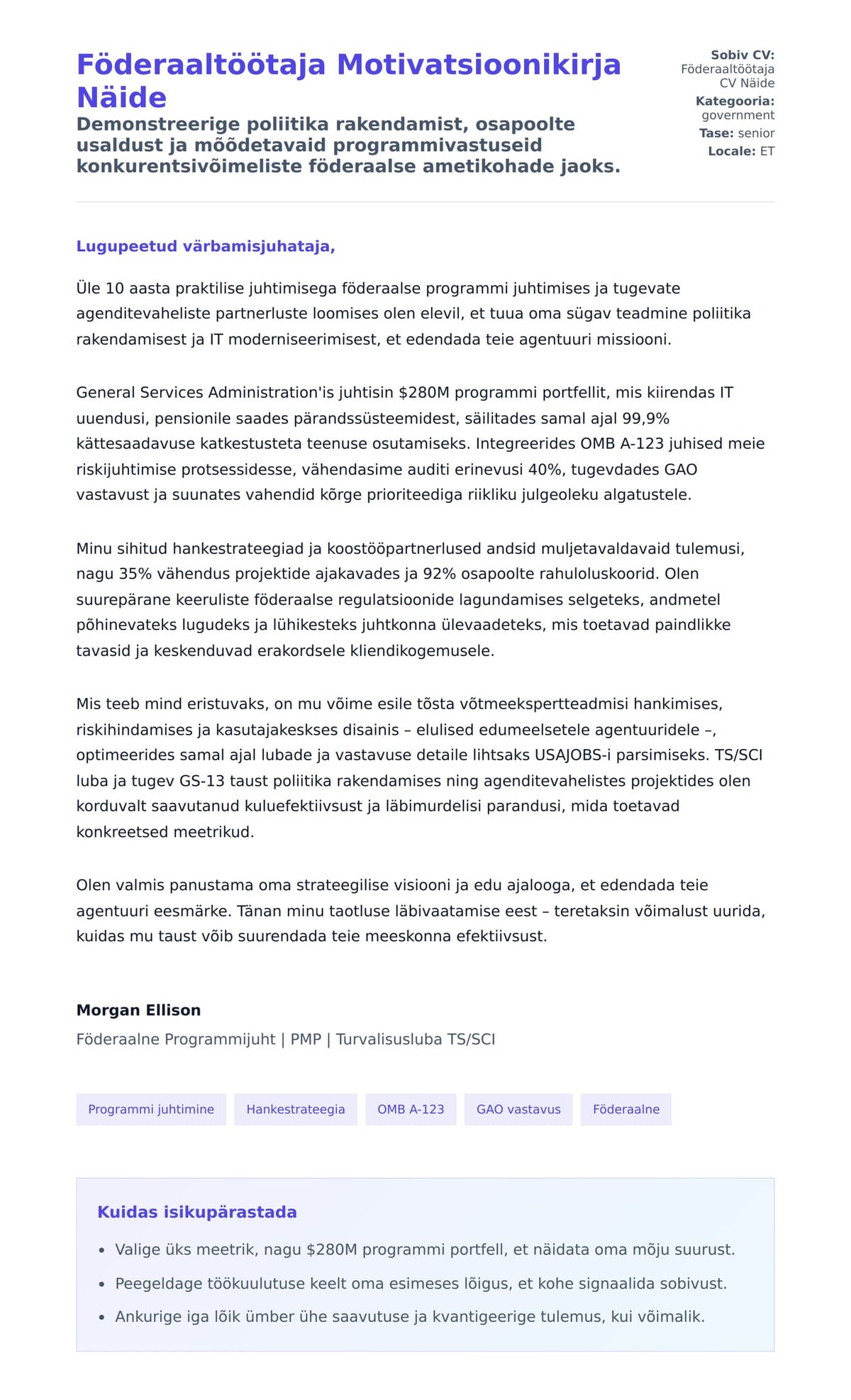 Kaaskirja eelvaade Föderaaltöötaja Motivatsioonikirja Näide jaoks