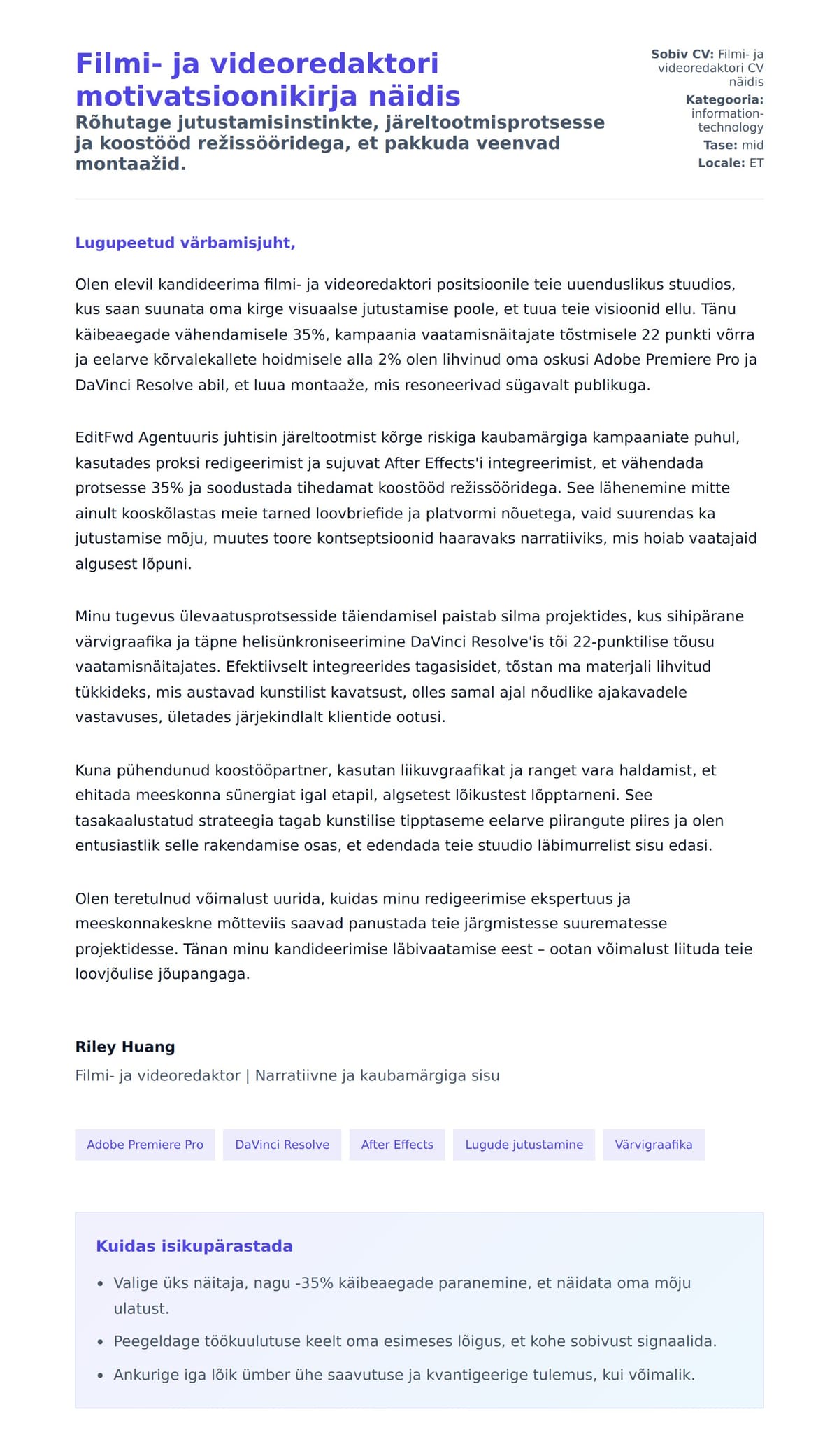 Kaaskirja eelvaade Filmi- ja videoredaktori motivatsioonikirja näidis jaoks