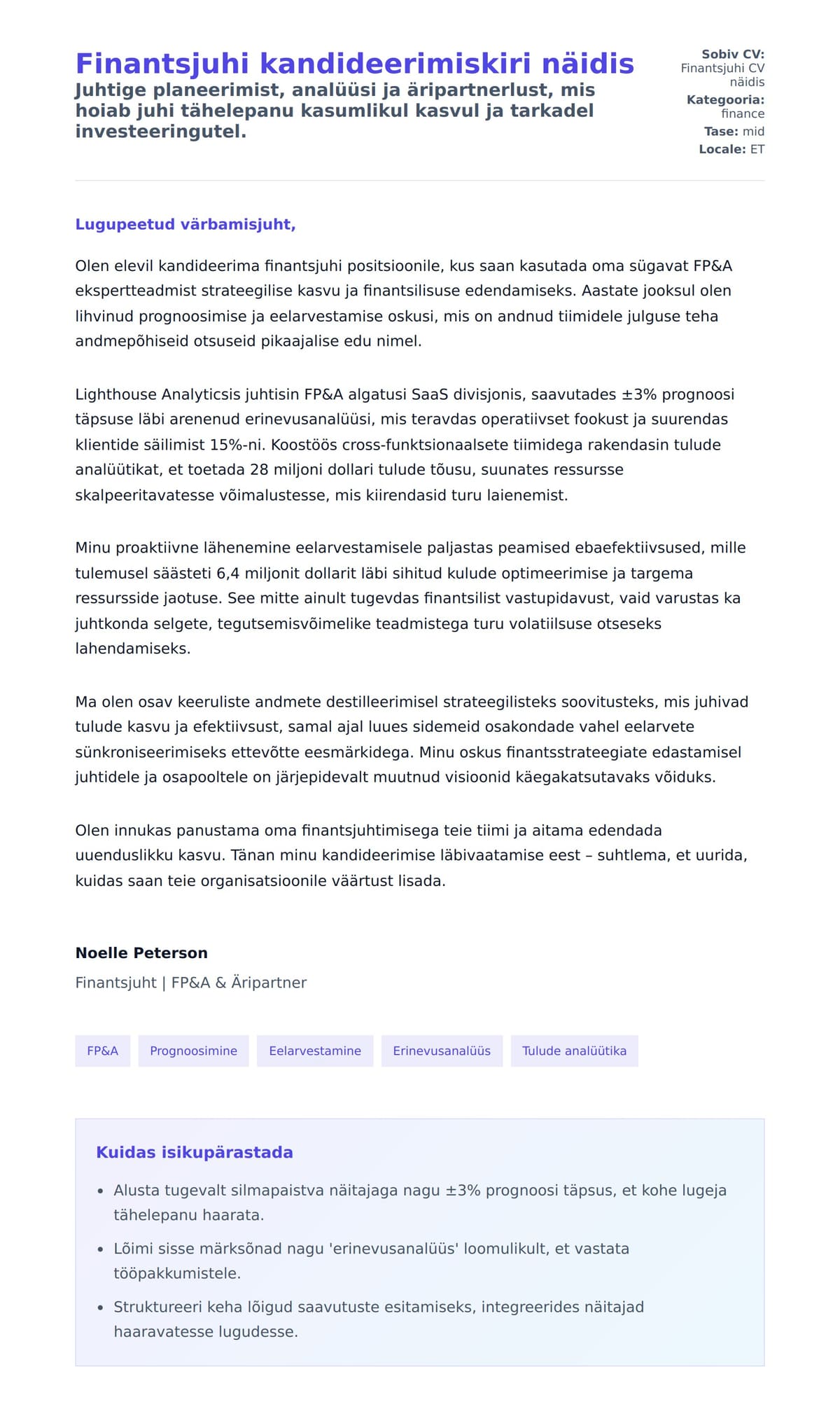 Kaaskirja eelvaade Finantsjuhi kandideerimiskiri näidis jaoks