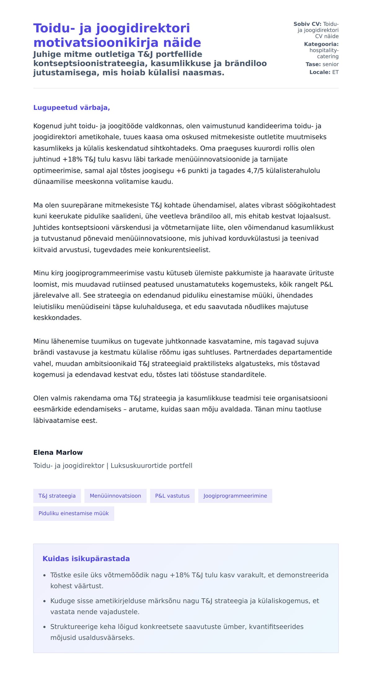 Kaaskirja eelvaade Toidu- ja joogidirektori motivatsioonikirja näide jaoks